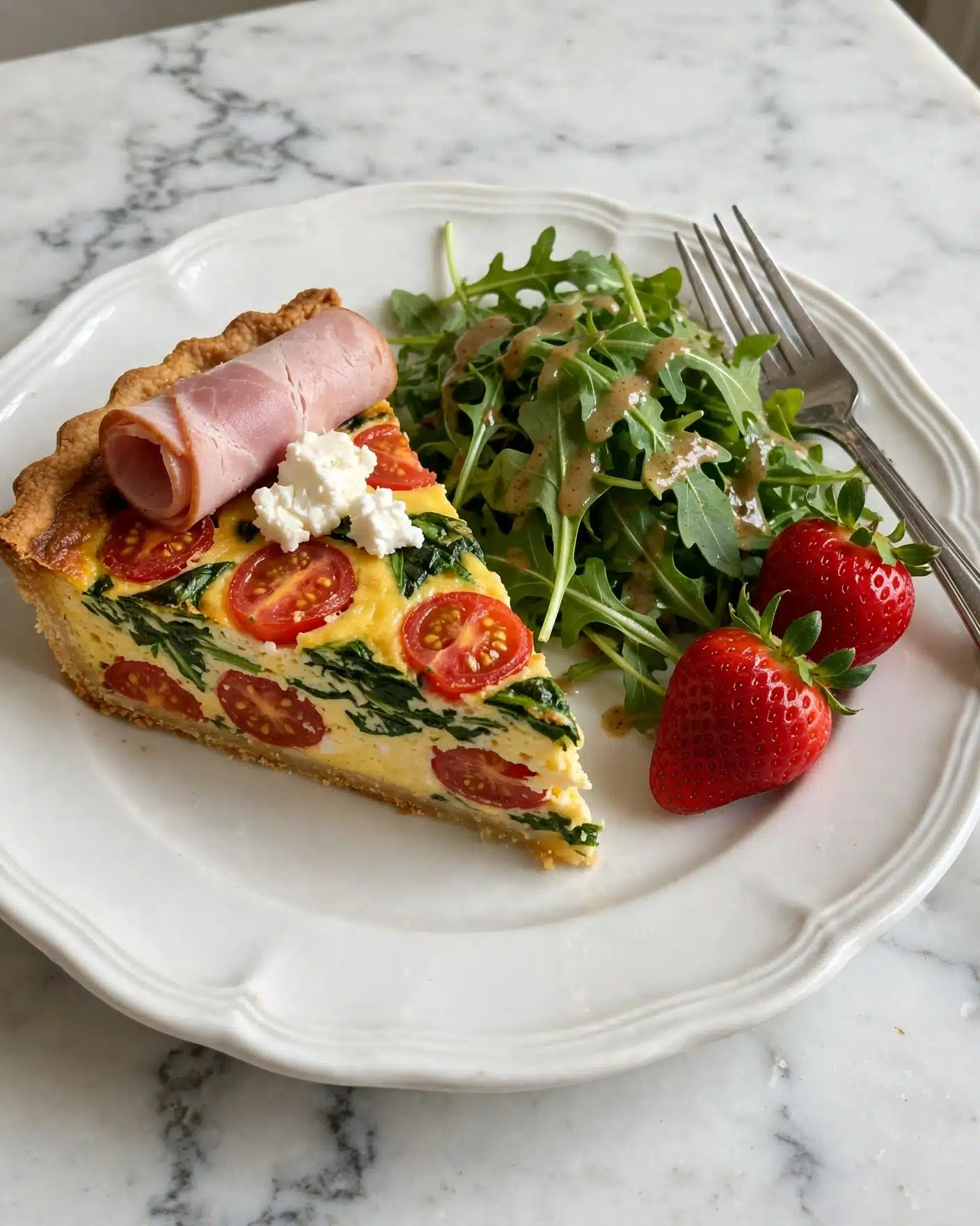 A white round plate with ridged edges holds a slice of quiche that has three visible layers: a golden-brown crust on the bottom, a thick yellow egg layer mixed with green spinach and red cherry tomatoes on top, and a small white cheese piece and a rolled slice of ham resting on the top layer; next to the quiche is a fresh green arugula salad drizzled with light brown dressing and two bright red strawberries placed on the side, all set on a white marbled surface with a silver fork resting on the plate’s edge. Photo taken with an iphone --ar 4:5 --v 7