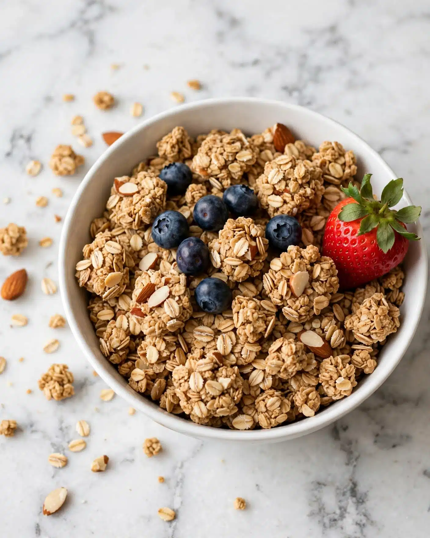 A bowl filled with chunky oat and almond granola clusters, light brown in color with visible oat flakes and small almond pieces mixed throughout. On top of the granola are a few dark blue blueberries scattered near the center and a single bright red strawberry with green leaves positioned on the right side. The bowl is white and rests on a white marbled surface with some granola pieces scattered around it. Photo taken with an iphone --ar 4:5 --v 7