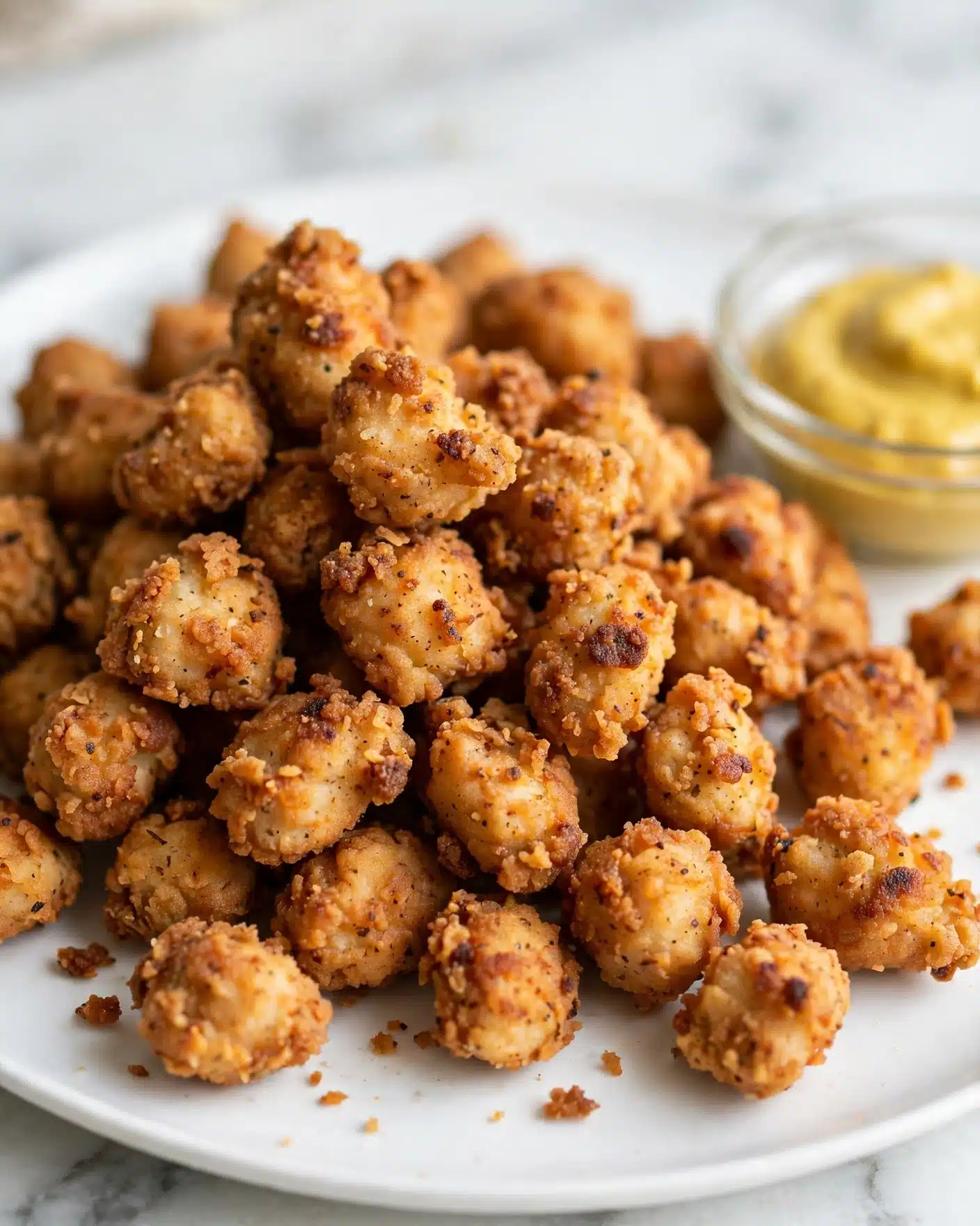 A close-up view of many small, golden brown fried chicken pieces piled up on a white plate, showing a crispy and rough texture with some darker spots where the coating is extra crunchy. In the background to the right, there is a small clear glass bowl filled with thick yellow dipping sauce. The scene rests on a white marbled surface, with soft natural lighting enhancing the warm colors of the fried pieces. photo taken with an iphone --ar 4:5 --v 7