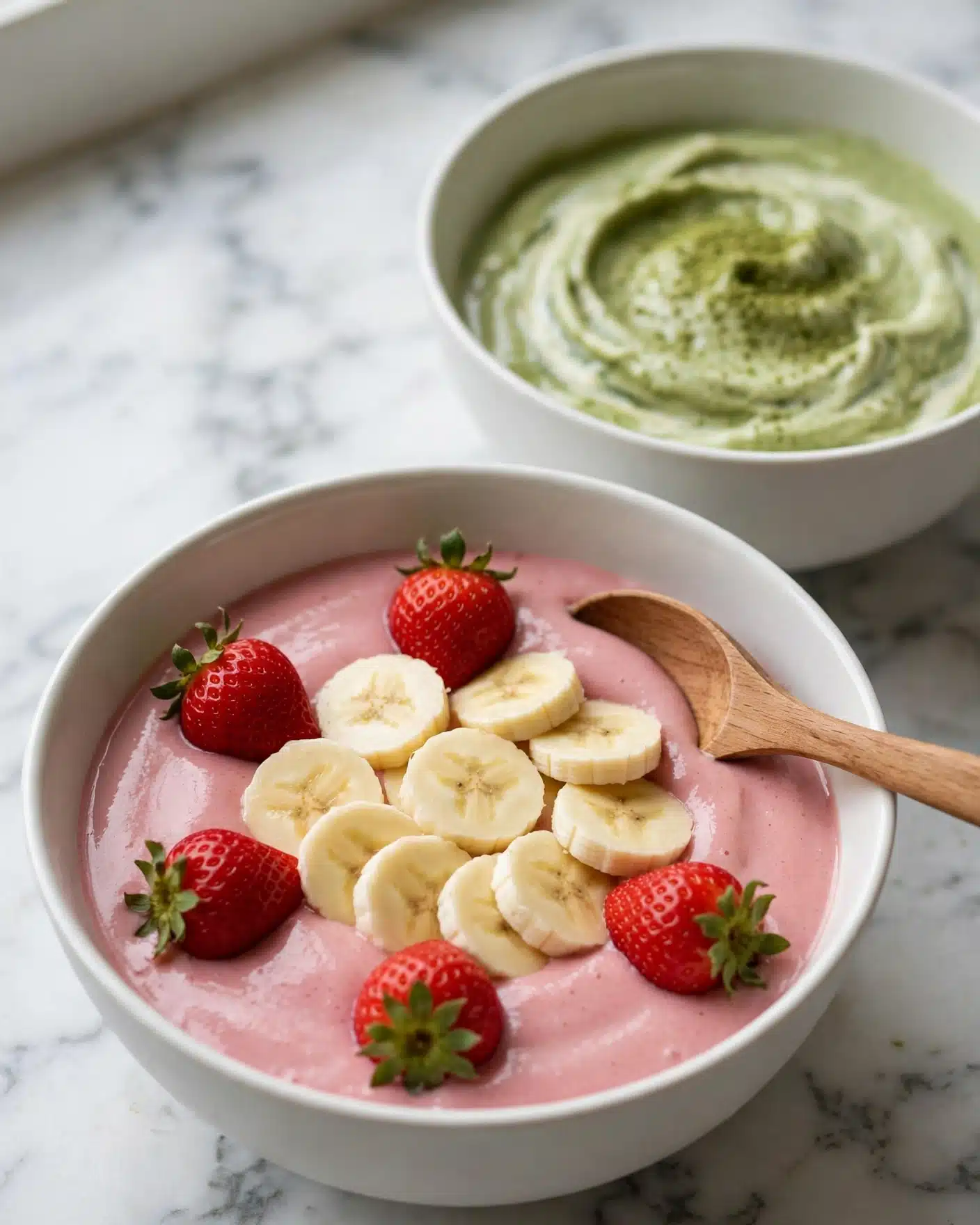 A white bowl holds a smooth pink smoothie base filling the bottom layer, topped with slices of pale yellow banana arranged neatly in the center, and bright red whole strawberries placed around the banana slices at the top layer. A light brown wooden spoon rests inside the bowl near the edge. In the background on a white marbled surface, there is another white bowl filled with a creamy green mixture with visible swirls and some green powder sprinkled on top. Photo taken with an iphone --ar 4:5 --v 7