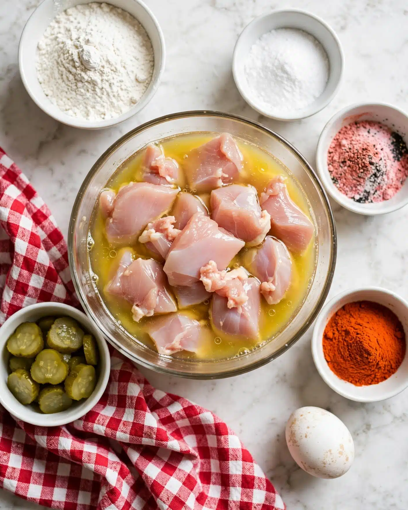 A clear glass bowl in the center holds light pink pieces of raw chicken soaked in a yellow liquid. Around it, there are five small white bowls: one full of white flour, one with white powder, one with a pink and black powder mix, one filled with orange powder, and one with sliced green pickles. A white egg sits near the orange powder bowl. These items rest on a white marbled surface with a red and white checkered cloth near the bowls. Photo taken with an iphone --ar 4:5 --v 7