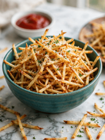 Crispy Shoestring Fries with Garlic Rosemary and Parmesan Recipe