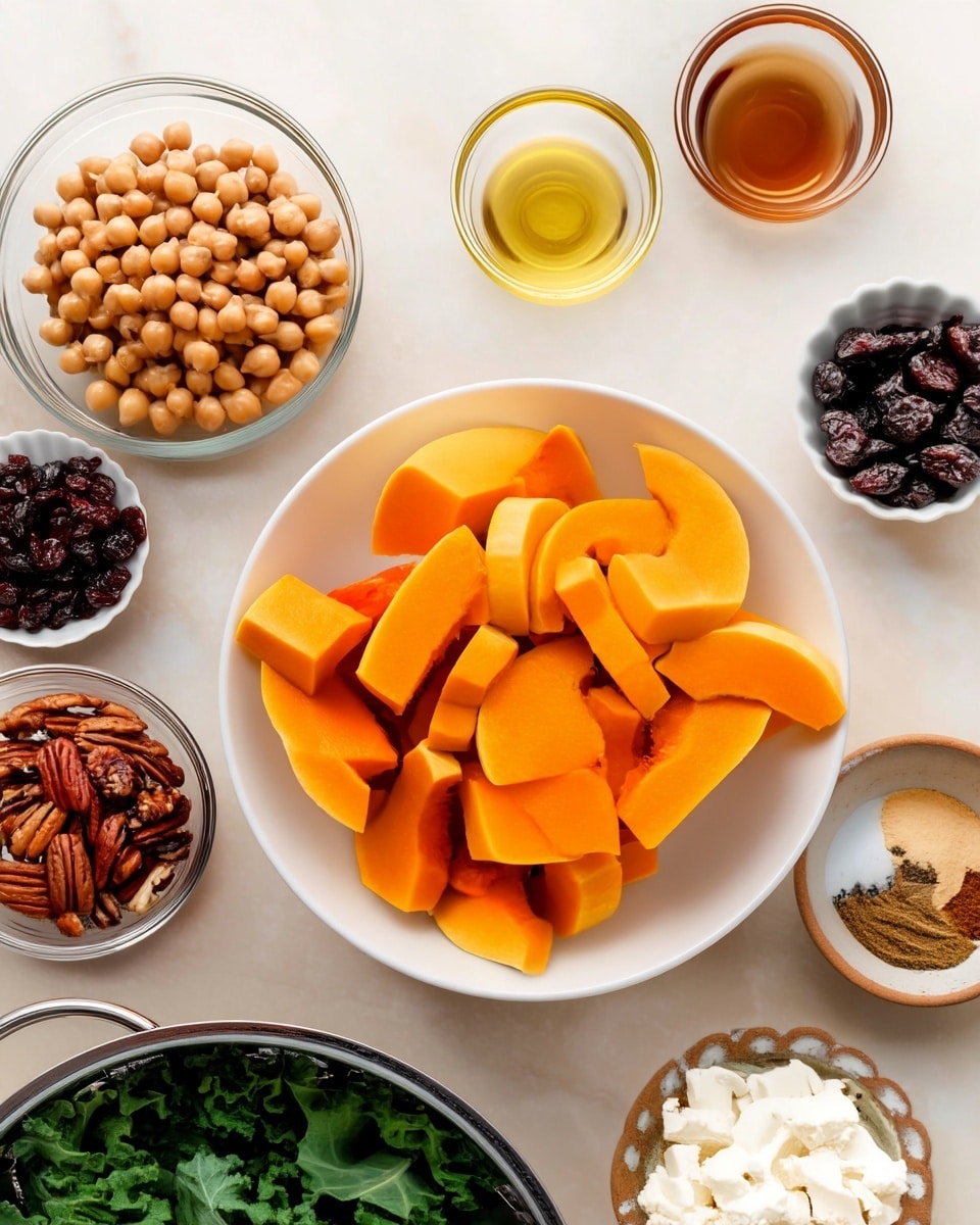The image shows a white bowl filled with bright orange slices of pumpkin placed in the center on a white marbled surface. Around it are several small clear glass bowls: one holds round beige chickpeas, another has golden yellow oil, another contains dark brown liquid, a smaller bowl shows dark brown dried cranberries, and one has a light brown powder with a small amount of white powder on top. A small clear glass bowl of white cottage cheese sits near a bright red apple, and a larger white bowl with dark green leafy kale fills the bottom left corner. A small bowl with brown pecans is also near the pumpkin bowl. Photo taken with an iphone --ar 4:5 --v 7