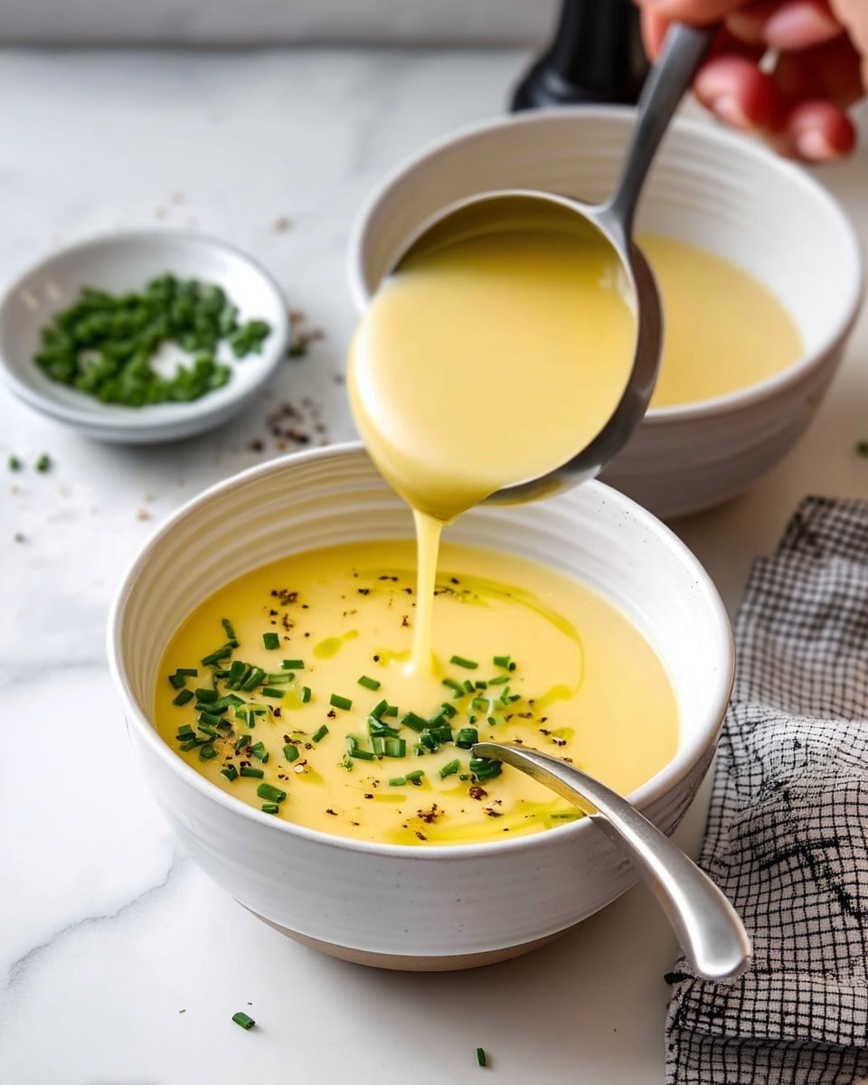 The image shows two white bowls on a white marbled surface filled with a smooth, creamy pale yellow soup. The front bowl has finely chopped green chives sprinkled on top, along with a light drizzle of olive oil and small black pepper specks, with a spoon resting inside the bowl. The back bowl is being filled with the same pale yellow soup, poured from a ladle held by a woman's hand, creating a thick stream. A black and white checkered cloth is partially visible on the right side, and there is a pepper grinder near the front bowl. Photo taken with an iphone --ar 4:5 --v 7