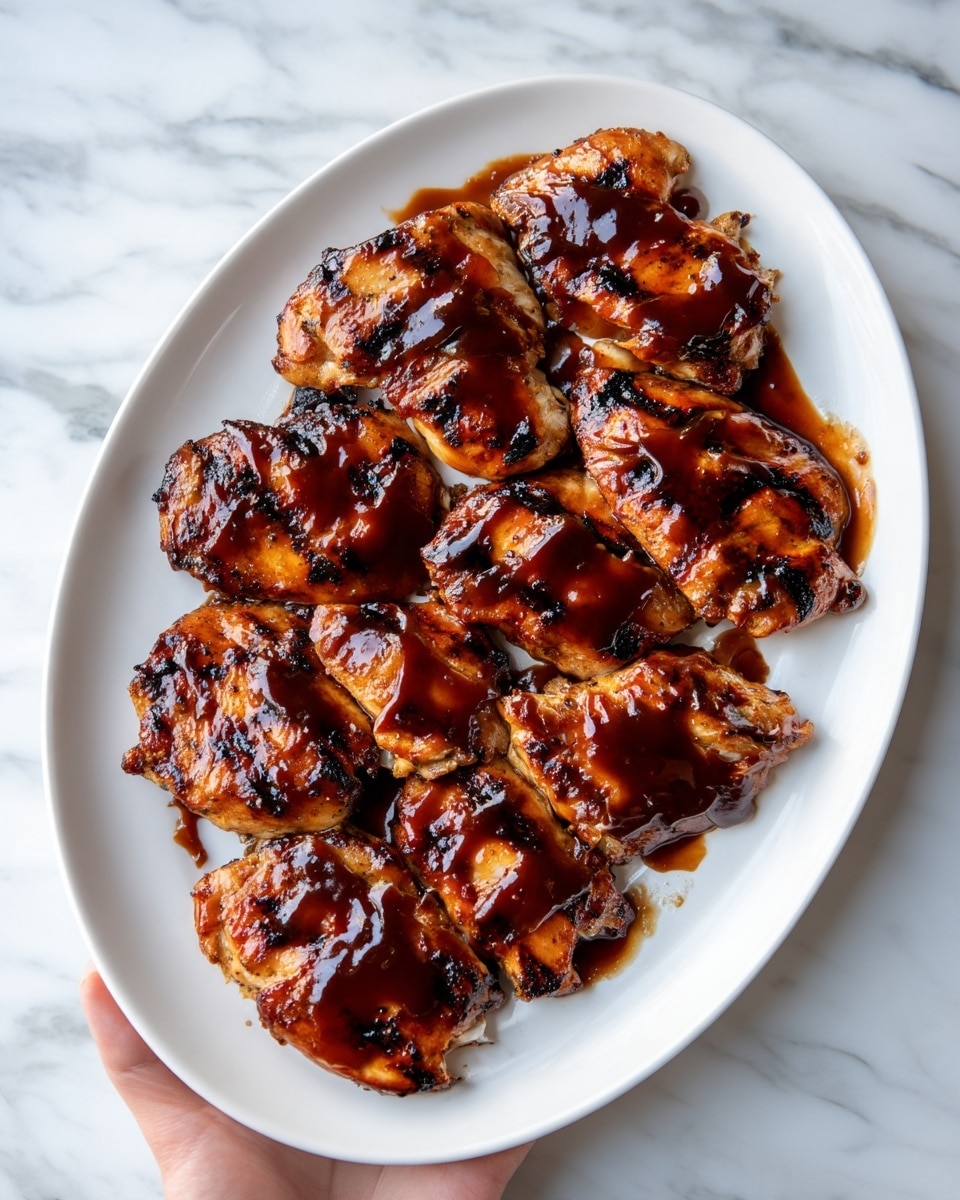 A white oval plate filled with several pieces of grilled chicken, each piece covered in a shiny dark brown sauce that looks thick and sticky. The chicken pieces have dark grill marks and vary in size, some larger and some smaller, arranged close together on the plate. The plate sits on a white marbled surface. A woman's hand is visible at the top right corner, holding the edge of the plate. Photo taken with an iphone --ar 4:5 --v 7