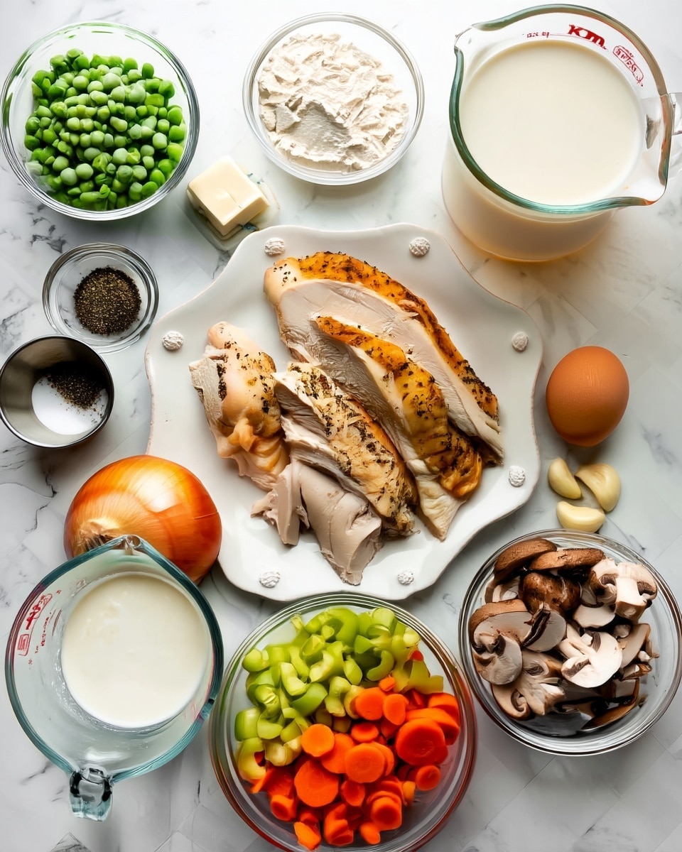 A white plate sits on a white marbled surface, holding sliced cooked chicken with golden brown skin arranged in a fan shape at the center. Around the plate are clear glass bowls filled with bright green peas, white flour, clear broth, chopped celery and round orange carrot slices, sliced brown mushrooms, and a pitcher of milk. There is a small white square of butter, two cloves of garlic, a whole yellow onion, two brown eggs, and small piles of black pepper and salt placed around the plate. The scene is well lit and clear, showing all ingredients neatly placed for a recipe. Photo taken with an iphone --ar 4:5 --v 7