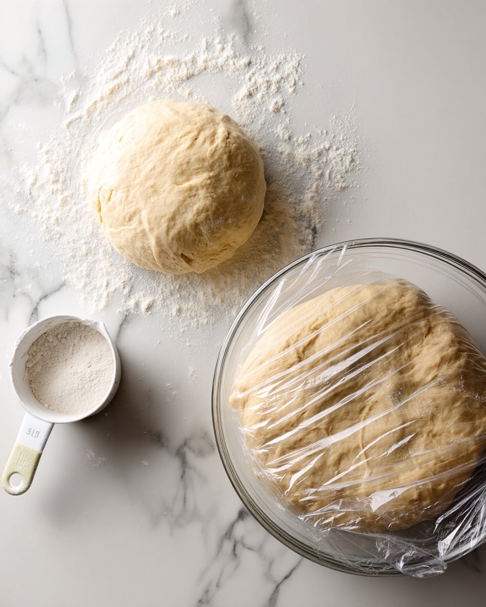 The image shows two scenes side by side on a white marbled surface. On the left, there is a single ball of dough resting directly on the surface dusted lightly with flour, and beside it is a white measuring cup with some flour inside. The dough is a pale beige color with a soft, slightly uneven texture. On the right, a transparent glass mixing bowl contains a light tan dough that has risen and now fills most of the bowl. The bowl is covered with clear plastic wrap stretched tightly over the top, and the dough inside looks bubbly and smooth. The background is plain and light, enhancing the focus on the dough stages. Photo taken with an iphone --ar 4:5 --v 7