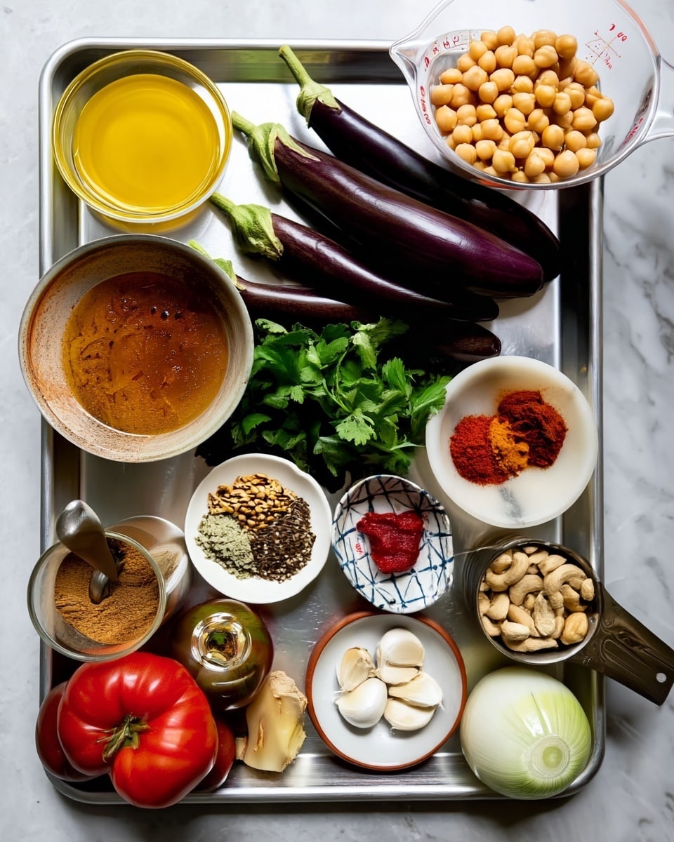 The image shows a metal tray with many ingredients arranged neatly on a white marbled surface. There are four long, dark purple eggplants placed in the middle top section. To the top right, a clear white measuring cup is filled with light beige chickpeas. Surrounding the eggplants and chickpeas are small dishes with spices: red, brown, yellow powders, and mixed seeds in white bowls. A small bowl with red paste sits near the center. Fresh green cilantro leaves lie in the middle. Near the bottom left corner are two large tomatoes, one red and one dark green. Fresh ginger root and several peeled garlic cloves on a white bowl appear near the bottom center. A white onion is positioned at the bottom right corner, and a small cup filled with cashew nuts is just above the onion. A glass jar containing a brown powder with a spoon inside is placed at the bottom left. Also, a bowl with a yellow liquid sits on the left side above the tomatoes. Everything is arranged clearly with bright colors and distinct textures, all on a metal tray photo taken with an iphone --ar 4:5 --v 7