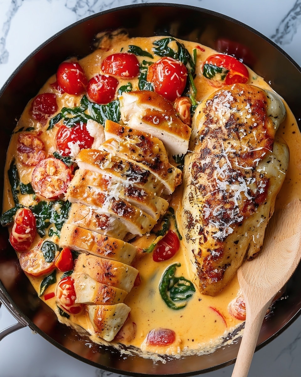 The image shows two browned chicken pieces in a creamy sauce with a light orange color. One chicken piece is whole, thick, and placed on the right side, sprinkled with grated cheese and black pepper. The other piece is sliced into six thick pieces on the left side, showing juicy white inside meat. The creamy sauce is mixed with bright red cherry tomatoes, some cut in half, and fresh green spinach leaves scattered around. A wooden spoon rests in the sauce near the bottom right. The dish is in a dark pan on a white marbled surface. photo taken with an iphone --ar 4:5 --v 7