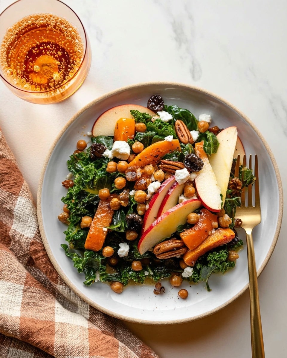 A white plate with a beige rim holds a fresh salad layered with dark green kale leaves at the base. On top, there are bright orange roasted squash pieces, light brown chickpeas, dark brown nuts, and crumbled white cheese. Thin slices of red and white apple wedges are spread evenly, adding color contrast. A gold fork rests on the edge of the plate. Nearby, a clear glass filled with sparkling amber-colored liquid sits on a white marbled surface, with a folded brown and beige checkered cloth beside it. photo taken with an iphone --ar 4:5 --v 7