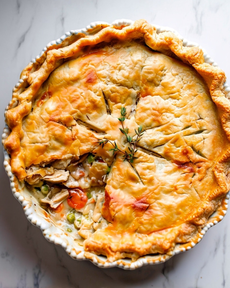 A golden brown pie with a thick, flaky crust that is crimped along the edges sits on a white marbled surface. The top crust has several slits in a star shape near the center, where a small green herb garnish is placed. One slice of the pie is missing, revealing a creamy filling of shredded light brown meat, bright orange carrot slices, green peas, and a smooth sauce with a slightly glossy texture. The pie dish is white with a softly scalloped edge, showing the filling close to the side. photo taken with an iphone --ar 4:5 --v 7