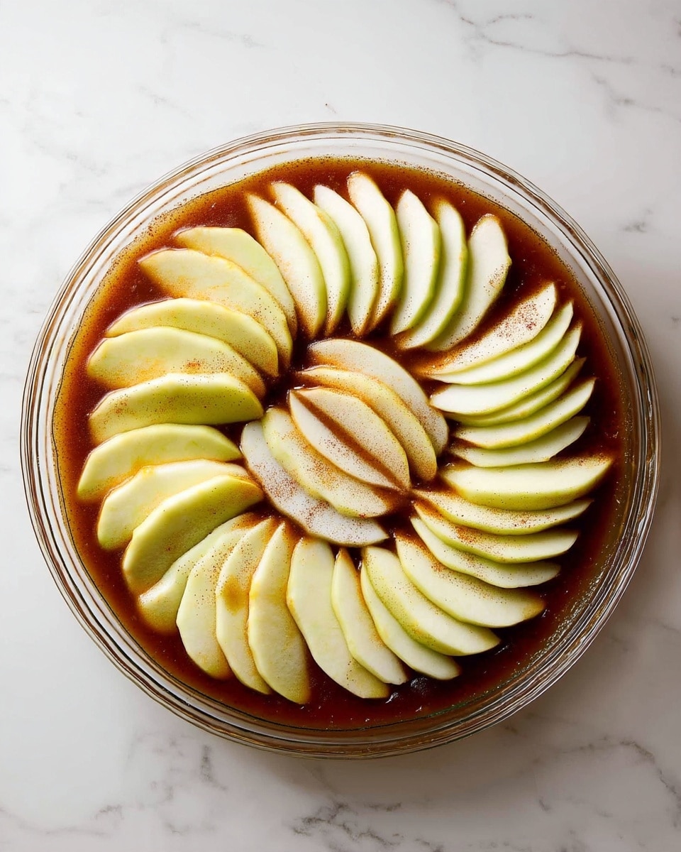A round clear glass baking dish holds an unbaked apple dessert arranged in two circular layers. The bottom layer shows a smooth brown sauce filling the dish, covering about one-fourth of the depth. On top, thin, evenly sliced pale yellow-green apple slices are placed in a neat circle around the edge, with a smaller circle of apple slices in the center. The apple slices are slightly overlapping, with a light dusting of cinnamon or spice visible on the sauce in between. The dish sits on a white marbled surface. photo taken with an iphone --ar 4:5 --v 7