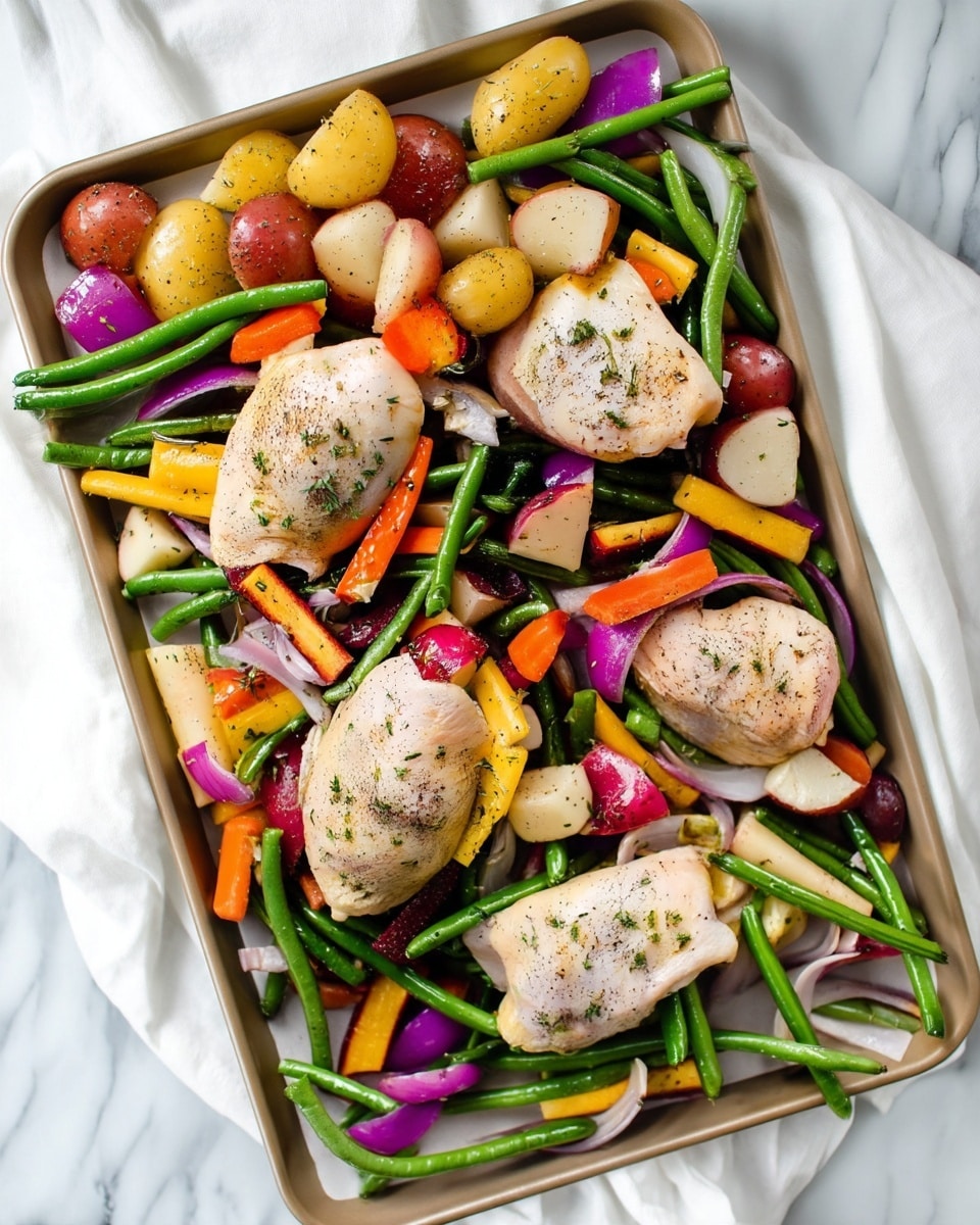 A tray filled with four light golden chicken pieces placed on top of a colorful mix of fresh vegetables including green beans, bright orange and yellow carrots, chunks of red and white potatoes, and slices of purple onion, all sprinkled with small green herb leaves and black pepper. The tray is on a white marbled surface with a white cloth partially visible underneath. The colors of the vegetables contrast nicely with the pale chicken, creating a fresh and appetizing look. photo taken with an iphone --ar 4:5 --v 7