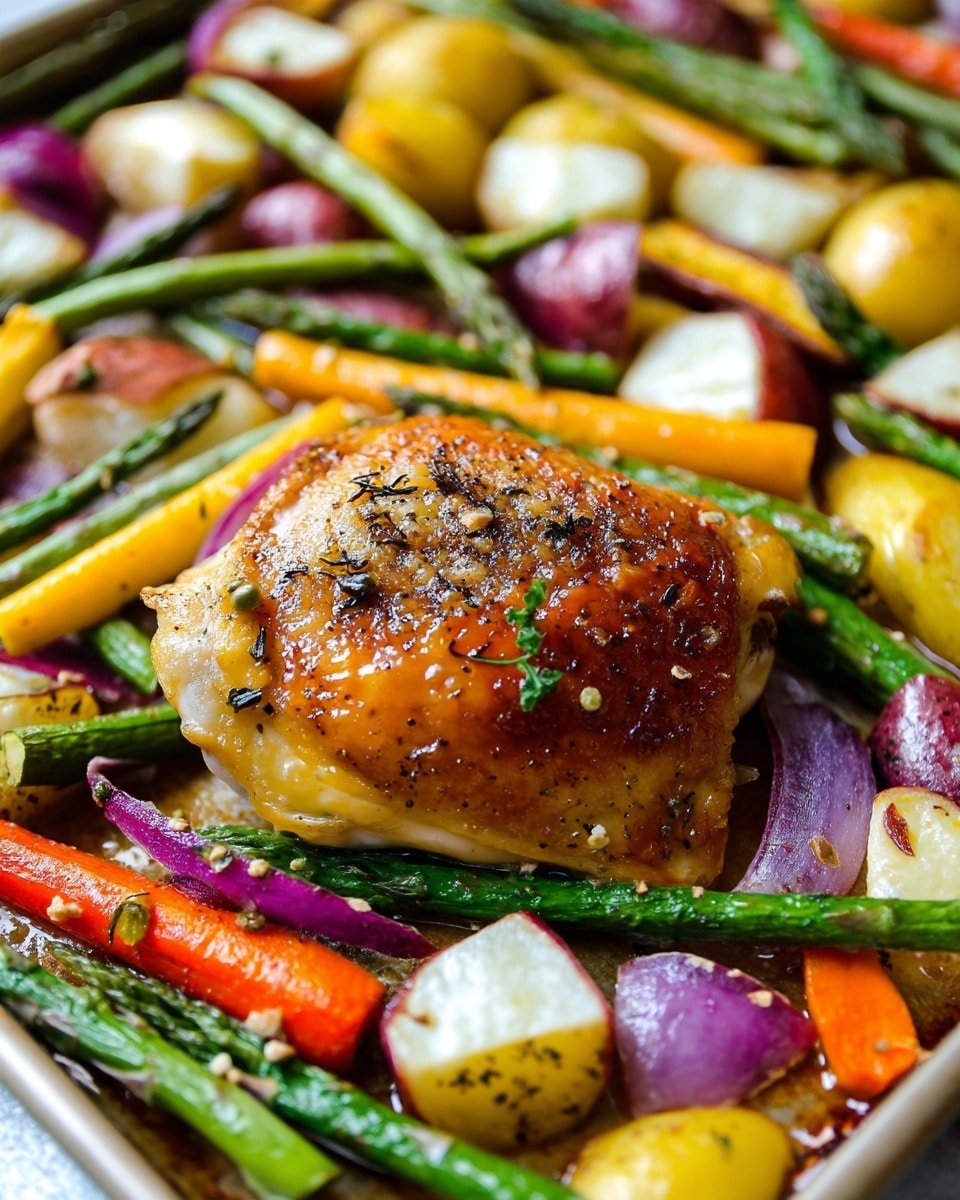 The image shows a close-up of a cooked dish with one main layer of golden brown chicken surrounded by a mix of roasted vegetables. The chicken is shiny with a slightly crispy skin, sprinkled with small black pepper and green herb pieces. Around the chicken, there are layers of green asparagus, orange carrots, purple onion slices, and chunks of white and yellow potatoes, all roasted with a light shine. The dish is presented on a baking tray on a white marbled surface. photo taken with an iphone --ar 4:5 --v 7