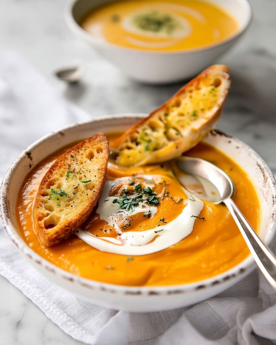 A white bowl filled with thick orange soup with a smooth creamy texture, topped with a swirl of white cream and sprinkled with small green herbs, placed on a white marbled surface. A woman's hand is holding a long piece of golden brown toasted bread with visible small holes and green herb bits, dipping it halfway into the soup, causing some of the soup to drip on the bread. The scene is bright with soft natural light. photo taken with an iphone --ar 4:5 --v 7