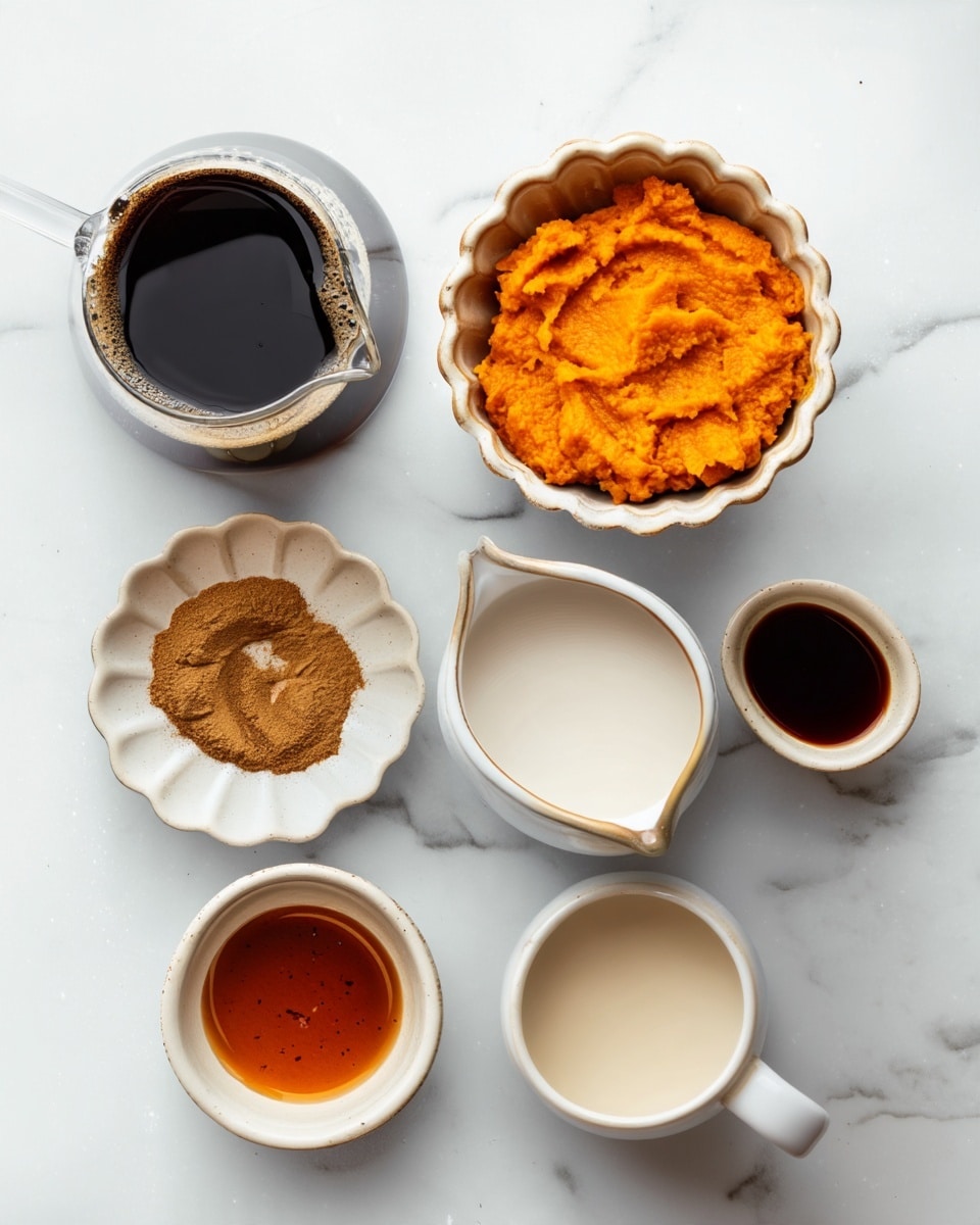 Six small white bowls and a clear glass pitcher are arranged on a white marbled surface. At the top left, a clear glass pitcher holds black brewed coffee with light foam on top. To its right, a white scalloped bowl is filled with bright orange canned pumpkin puree. Next, a white pitcher contains creamy beige unsweetened vanilla almond milk. Below the pitcher, a small white bowl holds dark brown vanilla extract. To the lower left, another white scalloped bowl has a pile of light brown pumpkin pie spice powder. Finally, at the bottom left, a round white bowl contains amber-colored maple syrup. Each container is neatly filled and spaced, showing distinct colors and textures. Photo taken with an iphone --ar 4:5 --v 7