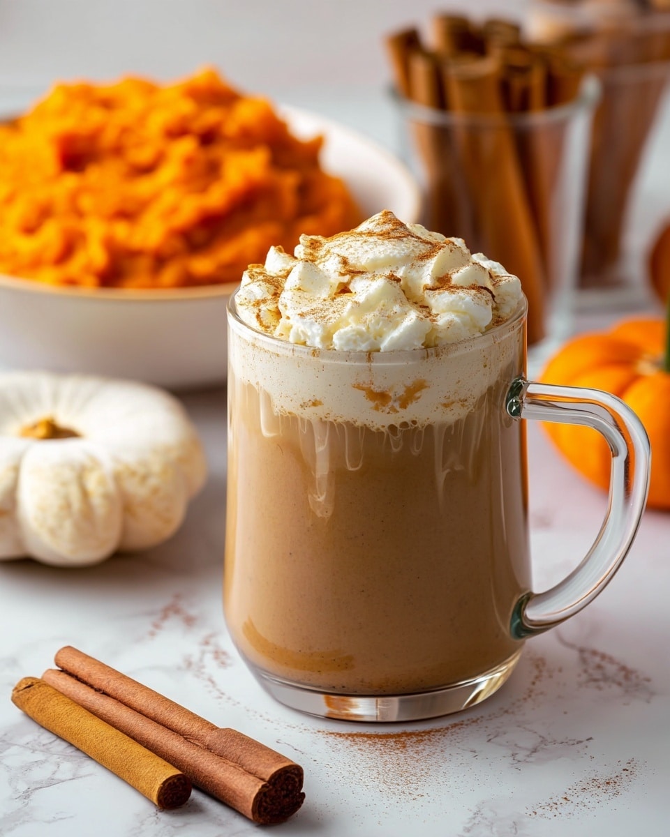 Two clear glass mugs filled with a light brown drink are shown on a white marbled surface. Each mug has a thick layer of white whipped cream on top, sprinkled evenly with a light dusting of brown cinnamon powder. Behind the front mug, the second mug is slightly out of focus but shows the same layers and toppings. To the left, a small orange pumpkin is partially visible, and in the lower right corner, there are three cinnamon sticks resting on the white marbled surface. The mugs have clear, thick handles attached to their sides. photo taken with an iphone --ar 4:5 --v 7