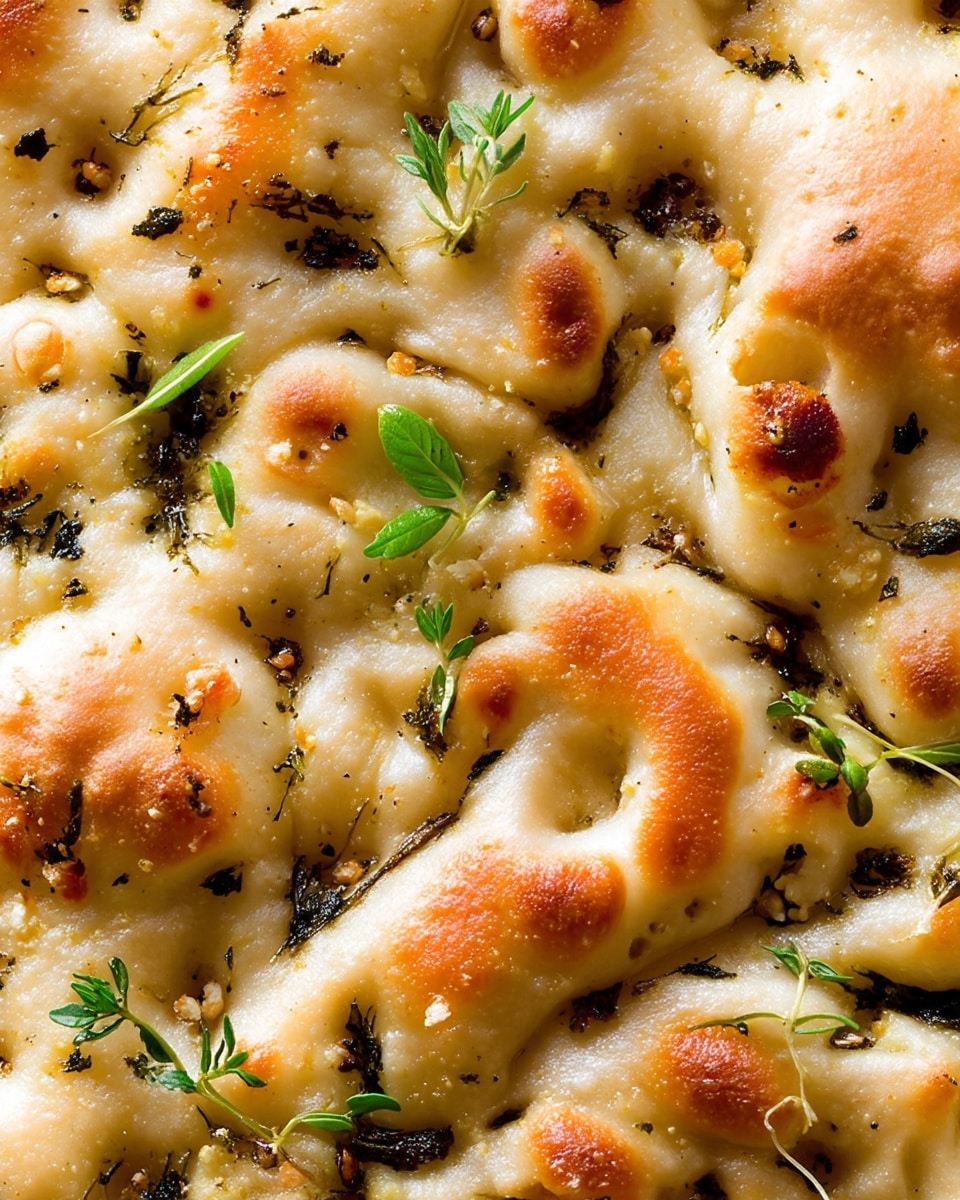 The image shows a close-up of focaccia bread with a bumpy surface covered in small, uneven golden-brown spots. The dough is pale beige with a soft, pillow-like texture that rises and falls in small domes. Scattered across the surface are small bits of green herbs and coarse salt, mixed with darker, dried herb pieces that create a mottled look. Some sprigs of fresh green thyme are placed on top, adding hints of bright green. The bread’s surface looks slightly oily with a light shine in some areas. The photo taken with an iphone --ar 4:5 --v 7