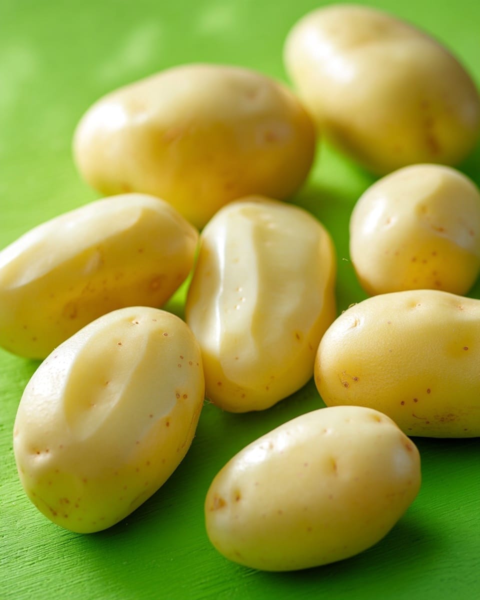 The image shows a group of peeled potatoes placed closely together on a bright green surface, which contrasts with their smooth, pale yellow skin and soft texture. Each potato varies in size, with some being larger and others smaller, all having a uniform, clean peeled look. The focus is on the smooth, shiny texture of the potatoes without any skin or spots, arranged randomly but filling the frame well. The bright green background makes the light color of the potatoes stand out clearly. Photo taken with an iphone --ar 4:5 --v 7
