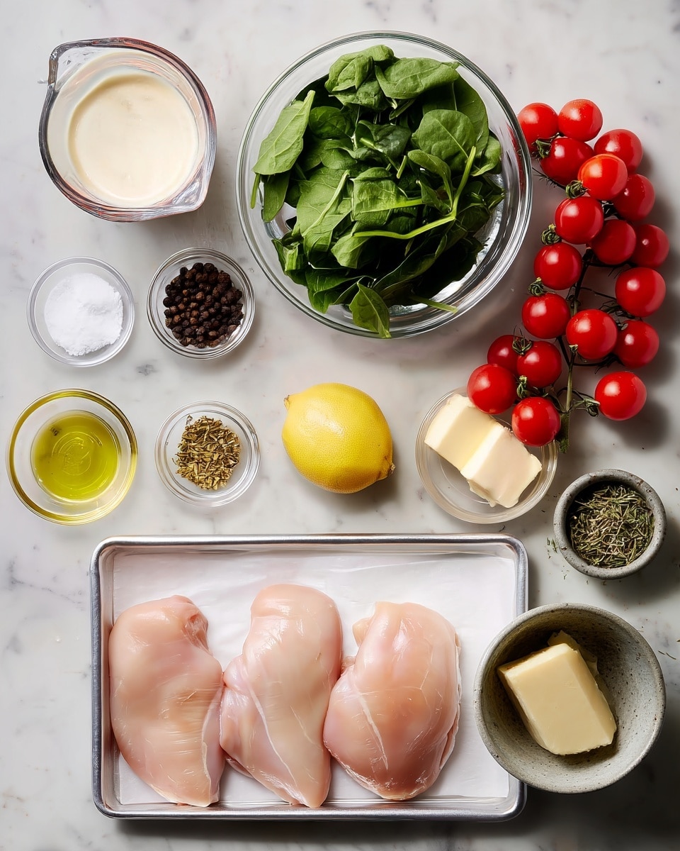 The image shows a white marbled surface with several small clear glass bowls arranged neatly. From top left, there is a bowl with cream, below it a small bowl with white salt, next to it a bowl of black peppercorns. At the top right, a large bowl full of fresh green spinach leaves is placed next to a cluster of bright red cherry tomatoes on their vine. Near the bottom right, there are two garlic cloves, a small bowl with yellow butter, and a rectangular block of light-colored cheese. Centered at the bottom of the image are four pale pink raw chicken pieces lined up on white parchment paper on a baking tray. Also visible are a lemon, a small bowl of dried herbs, and a bowl of olive oil. The photo taken with an iphone --ar 4:5 --v 7