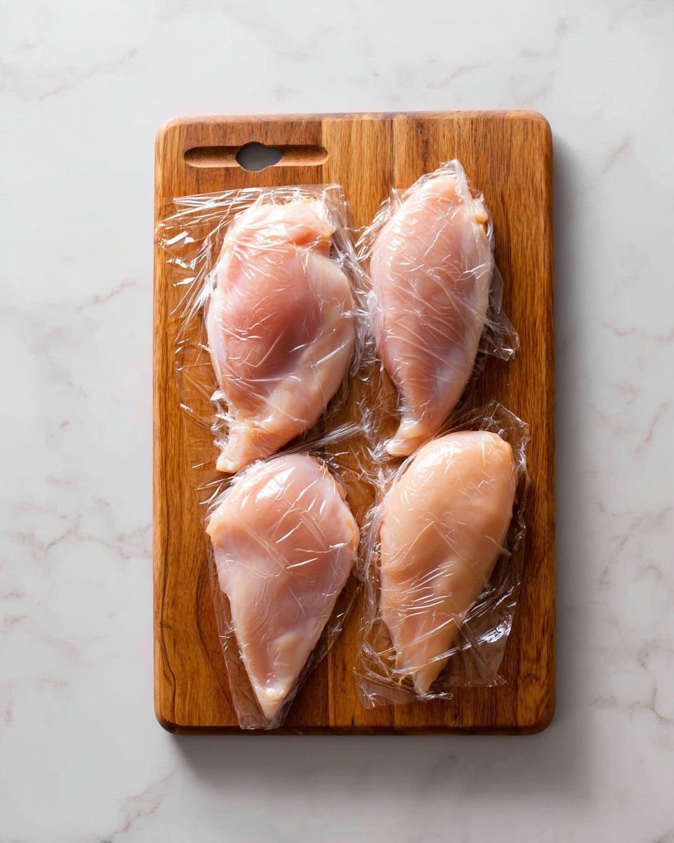 Four raw chicken pieces are placed side by side on a wooden cutting board. Each piece is covered with a clear plastic wrap that softly clings to the smooth, pale pink surface of the chicken. The cutting board has a handle on the left and is set on a white marbled surface, which adds a clean and simple background to the image. The light shines gently on the chicken, highlighting their fresh texture. Photo taken with an iphone --ar 4:5 --v 7