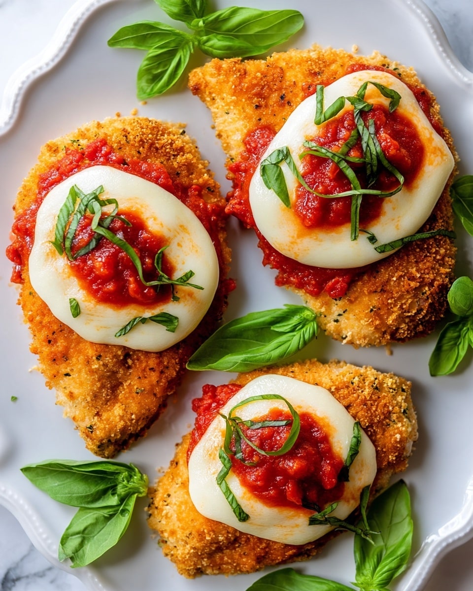 Two pieces of golden brown breaded chicken sit on a white plate with ridged edges. Each piece has three layers: the crispy chicken at the bottom, a thick layer of melted white cheese in the middle, and a dollop of bright red tomato sauce topped with thin strips of fresh green basil on top. On the left piece, a fork holds a bite-sized piece of chicken with some tomato sauce and basil on it. A knife with a wooden handle rests on the edge of the plate, and fresh green basil leaves are placed near the plate. The plate is set on a white marbled surface. photo taken with an iphone --ar 4:5 --v 7