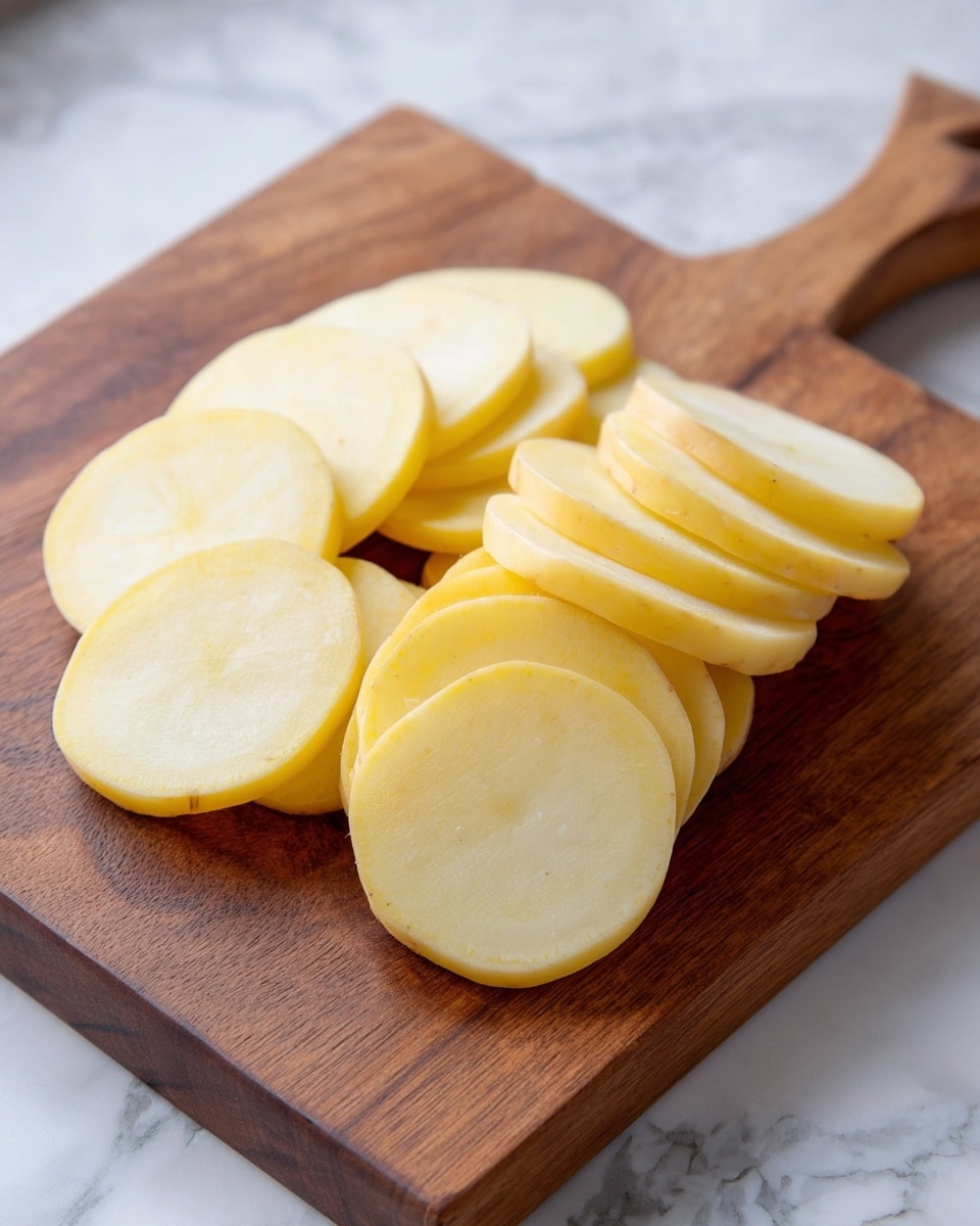 A wooden cutting board placed on a white marbled surface holds several slices of potatoes. The slices are thick and round, with a pale yellow color and smooth texture. The potato slices are spread loosely across the board, with one group stacked neatly in a row at the front. The wooden board has a warm brown color with visible grain patterns. photo taken with an iphone --ar 4:5 --v 7
