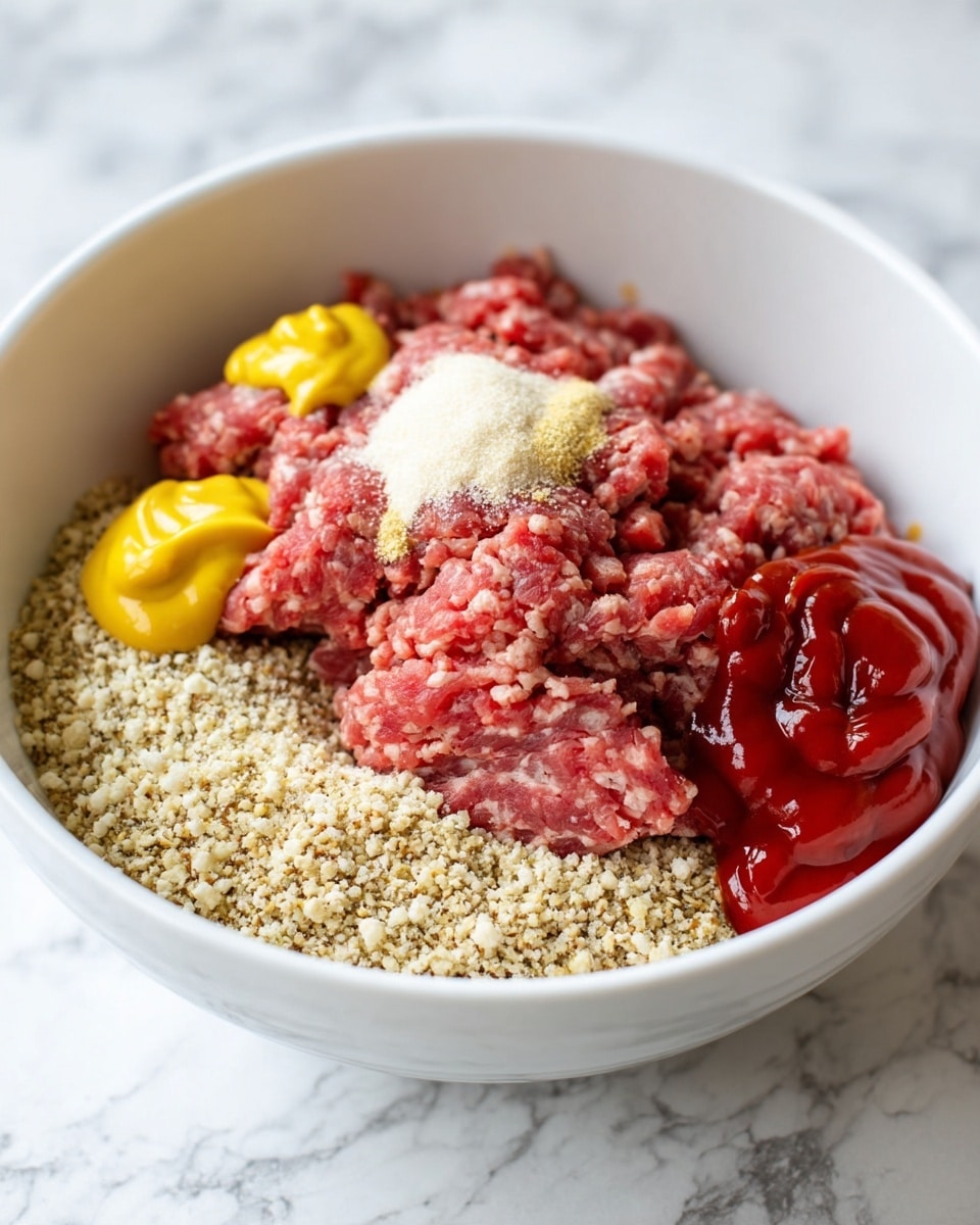 A white bowl holds a mix of raw ground meat in red with visible fat bits, sitting over a layer of light beige breadcrumbs covering the bottom of the bowl. On one side inside the bowl, there are small dollops of bright yellow mustard and deep red ketchup placed closely together. On top of the ground meat, there is a small pile of off-white powdery seasoning. The bowl sits on a white marbled surface. Photo taken with an iphone --ar 4:5 --v 7