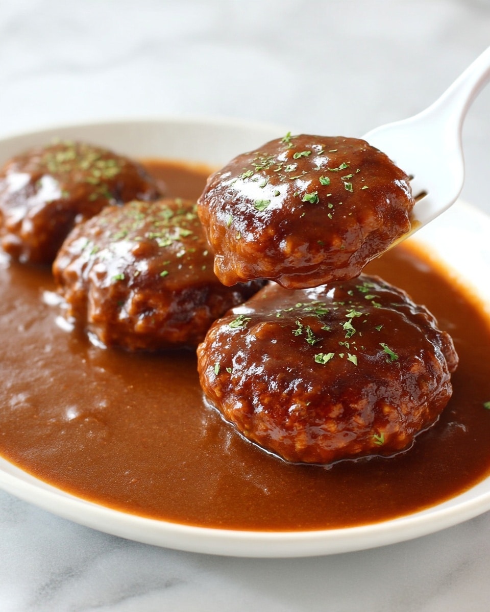 On a white plate placed on a white marbled surface, there are two main layers: a thick, soft layer of white mashed potatoes on the left side with a smooth, fluffy texture, and to the right, a thick, round, brown meat patty covered completely in a shiny, rich brown gravy sauce. The gravy pools slightly around the base of the meat patty and has small green herb sprinkles on top, adding a touch of color. The image shows the plate close-up with a blurred stainless steel pan with more gravy and meat in the background. Photo taken with an iphone --ar 4:5 --v 7