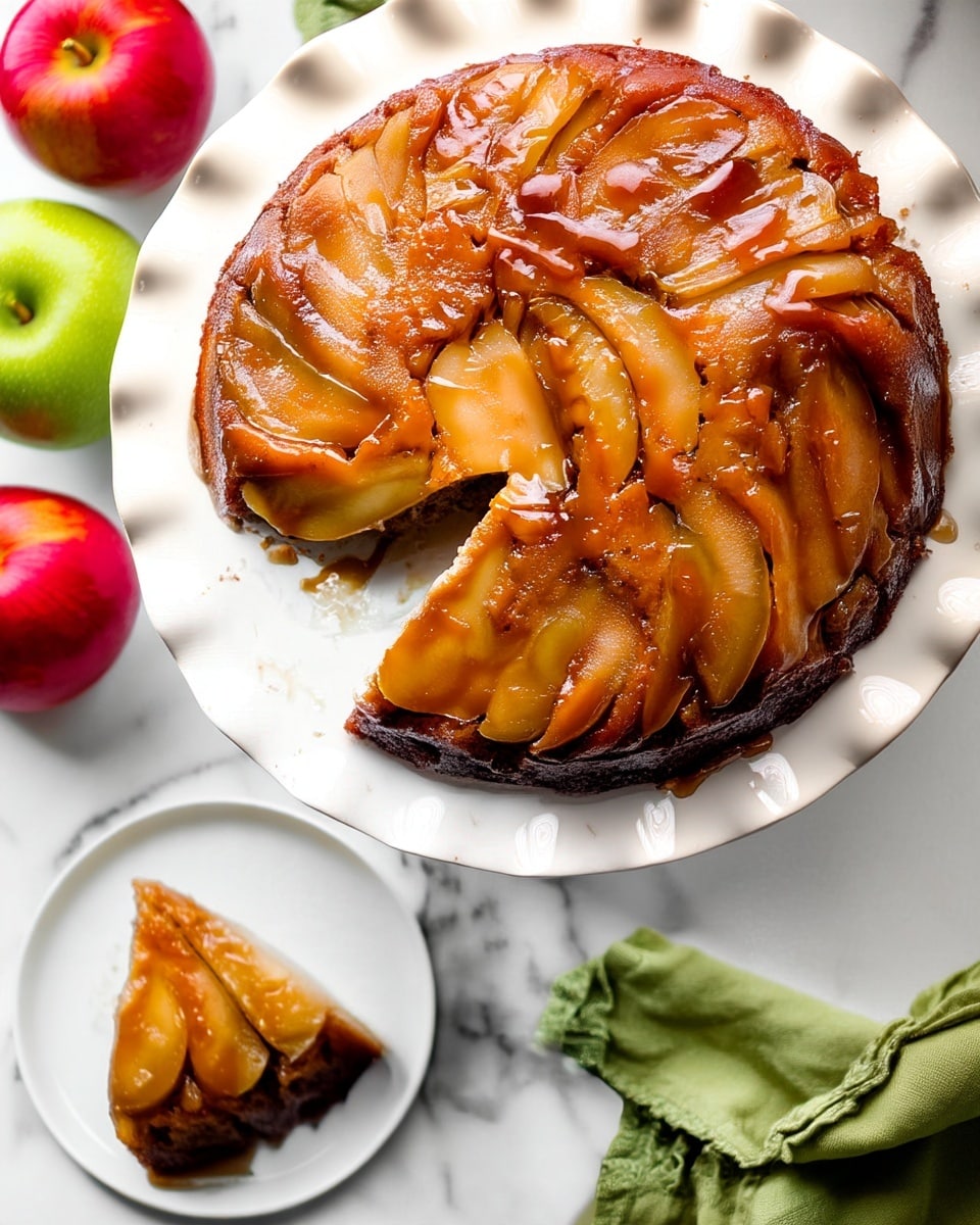 A round upside-down apple cake sits on a white fluted plate placed on a white marbled surface. The top layer consists of caramelized golden-brown apple slices arranged in a slightly overlapping circular pattern, glistening with a shiny syrup. Below the apples, a thick, moist brown cake layer is visible where one slice was removed, showing the soft texture inside. A slice of the cake is placed on a small white plate in the bottom left corner. In the background, there are red and green apples and a green cloth napkin adding color contrast. photo taken with an iphone --ar 4:5 --v 7