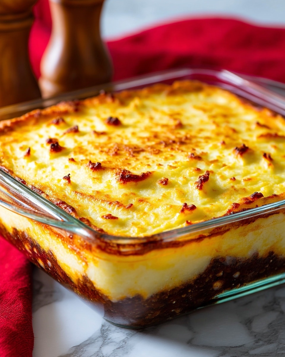 A clear glass square baking dish filled with a two-layered casserole; the bottom layer is dark brown with a slightly chunky texture, while the top layer is thick, smooth mashed potatoes with a golden brown color and a few small browned spots where it looks crispy on top, set on a white marbled surface, with a red cloth and wooden pepper mills blurred in the background photo taken with an iphone --ar 4:5 --v 7