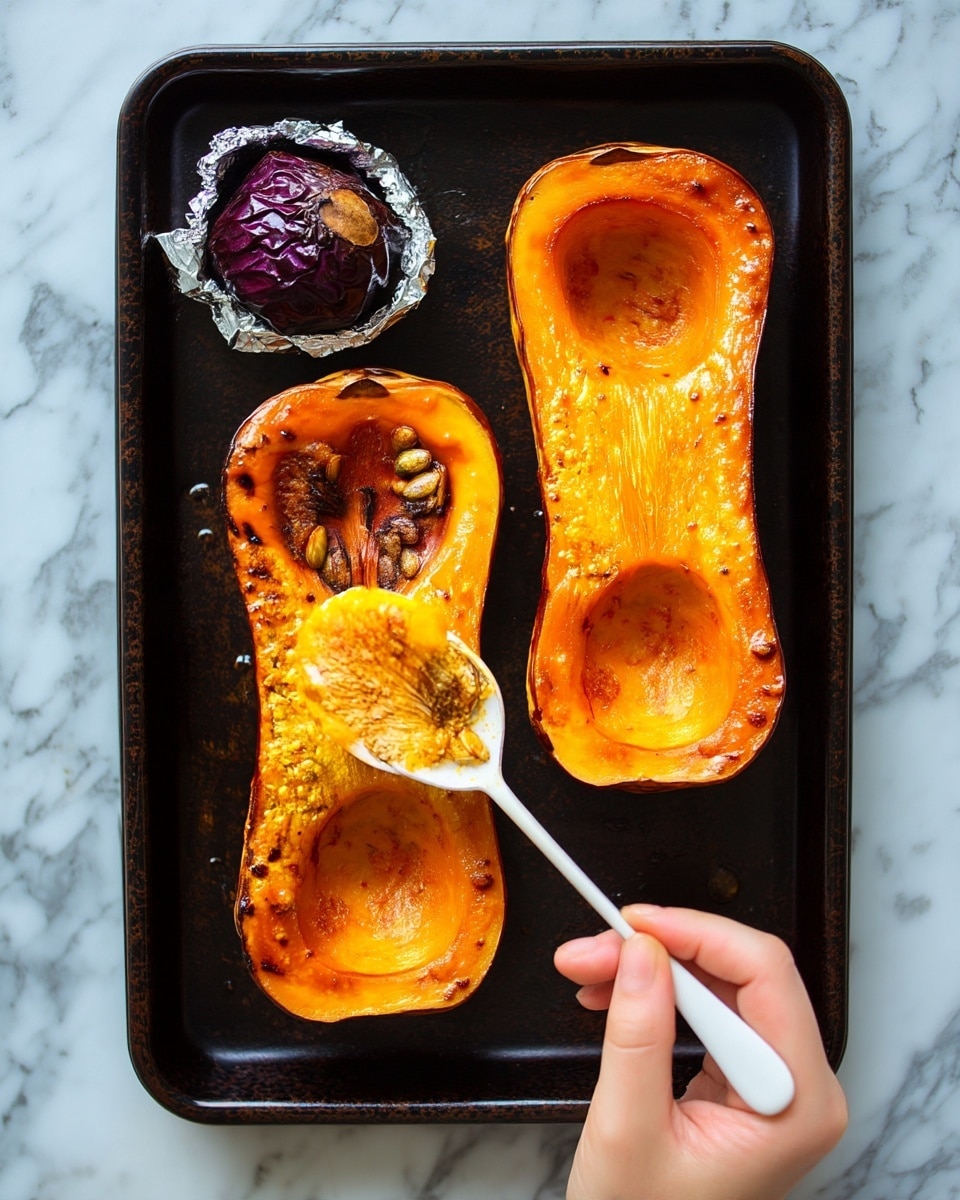 The image shows two halves of roasted butternut squash placed on a dark baking tray. The butternut squash has a shiny, golden-orange color with a slightly crispy, brown skin around the edges. There are some seeds visible in the hollow part of one half. A woman's hand is holding a white spoon, scooping out the soft, bright orange flesh from one of the squash halves. Next to the squash, there is a small, compact roasted dark purple vegetable wrapped partially in foil. The tray sits on a white marbled surface. Photo taken with an iphone --ar 4:5 --v 7