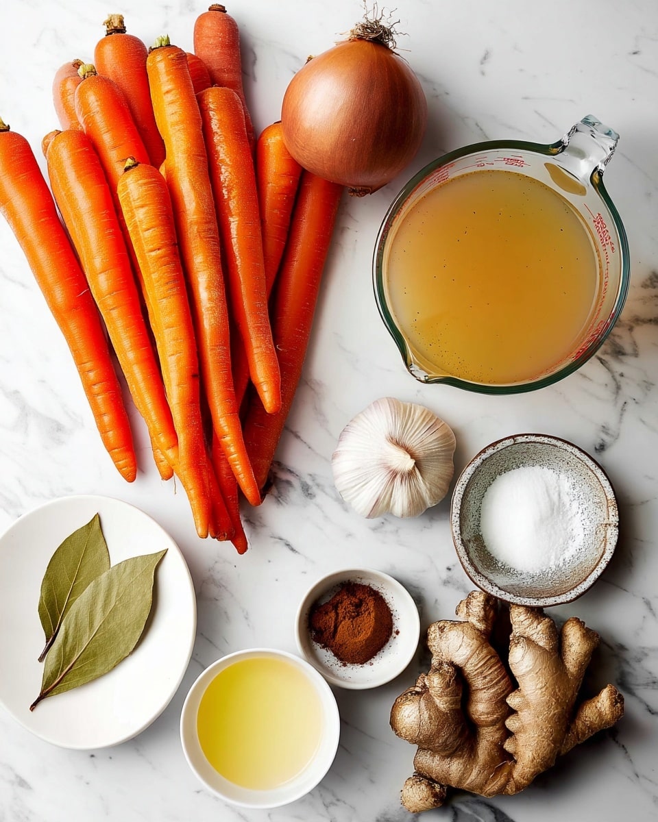 The image shows fresh ingredients arranged on a white marbled surface. On the left, there is a bunch of bright orange carrots with smooth skin and green tops removed, next to a whole round onion with a shiny brown outer layer. To the right, a glass measuring cup filled with light brown vegetable broth stands out clearly. Below the cup, there is a whole white garlic bulb with multiple cloves visible, a small white bowl of coarse white salt, and a small bowl holding deep reddish-brown cinnamon powder. A white plate holds two green bay leaves. A white bowl containing light yellow avocado oil is placed near the bottom left. At the bottom right corner, large pieces of knobby, light brown ginger root are arranged. The colors and textures are fresh and natural. Photo taken with an iphone --ar 4:5 --v 7
