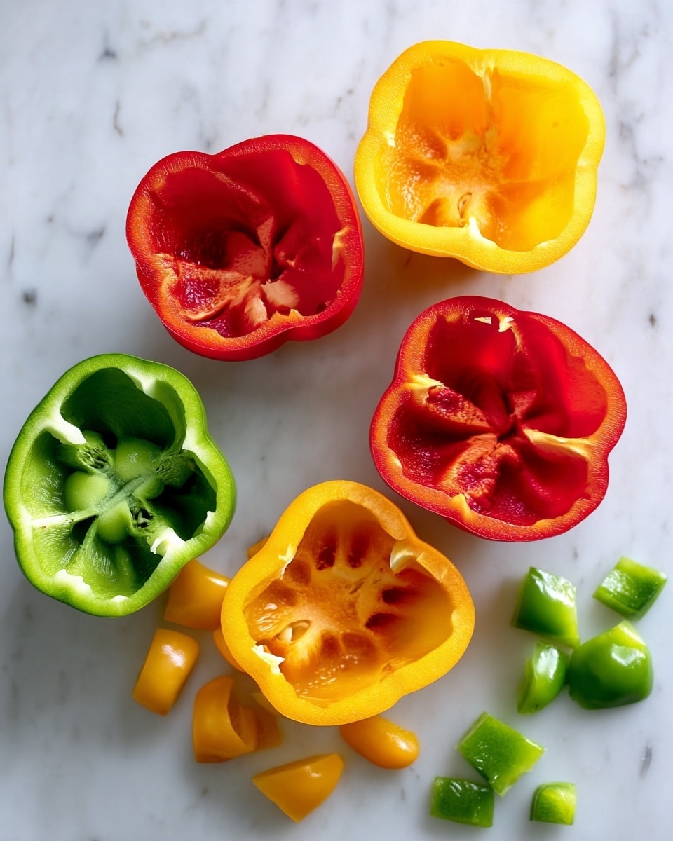 The image shows two parts on a white marbled surface. On the left, there are four hollow bell pepper halves placed close together, with one green, two red, and one yellow, inside showing smooth and slightly wrinkled textures. On the right side, the top parts of four differently colored bell peppers with green stems are lined near the top, below them are scattered pieces of green, red, and yellow pepper chunks, each with shiny, smooth skin and thick walls, arranged loosely as if ready for cooking. photo taken with an iphone --ar 4:5 --v 7