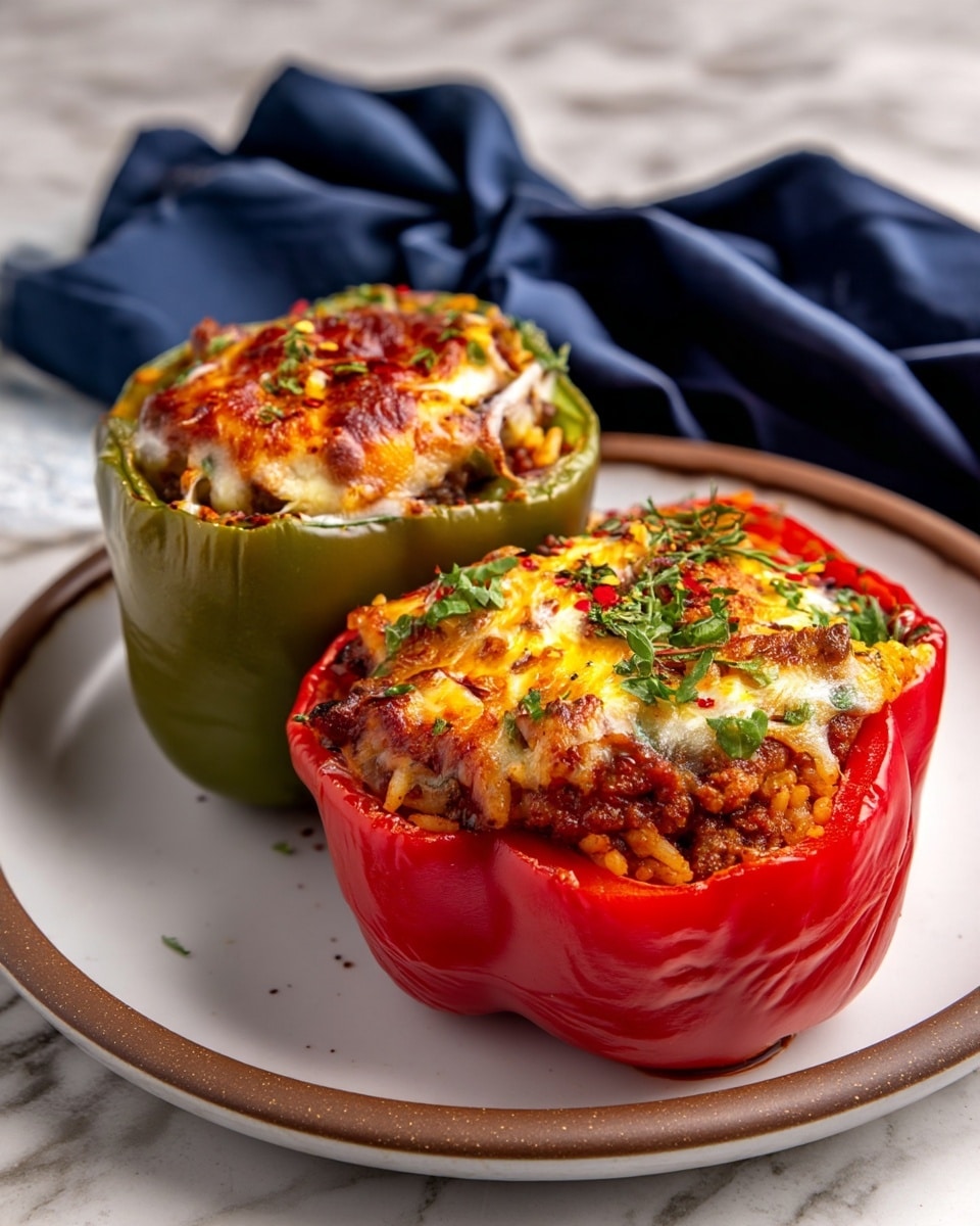Two stuffed bell peppers sit side by side on a white plate with a brown rim, placed on a white marbled surface. The pepper on the left is green, filled with a mix of ground meat and melted cheese, topped with a golden brown layer of lightly crisped cheese and small green herb pieces. The pepper on the right is red, also stuffed with a similar meat and cheese mix, with a bubbly browned cheese top and sprinkled fresh green herbs on it. Small scattered herb bits and red pepper flakes decorate the plate around the peppers. Photo taken with an iphone --ar 4:5 --v 7
