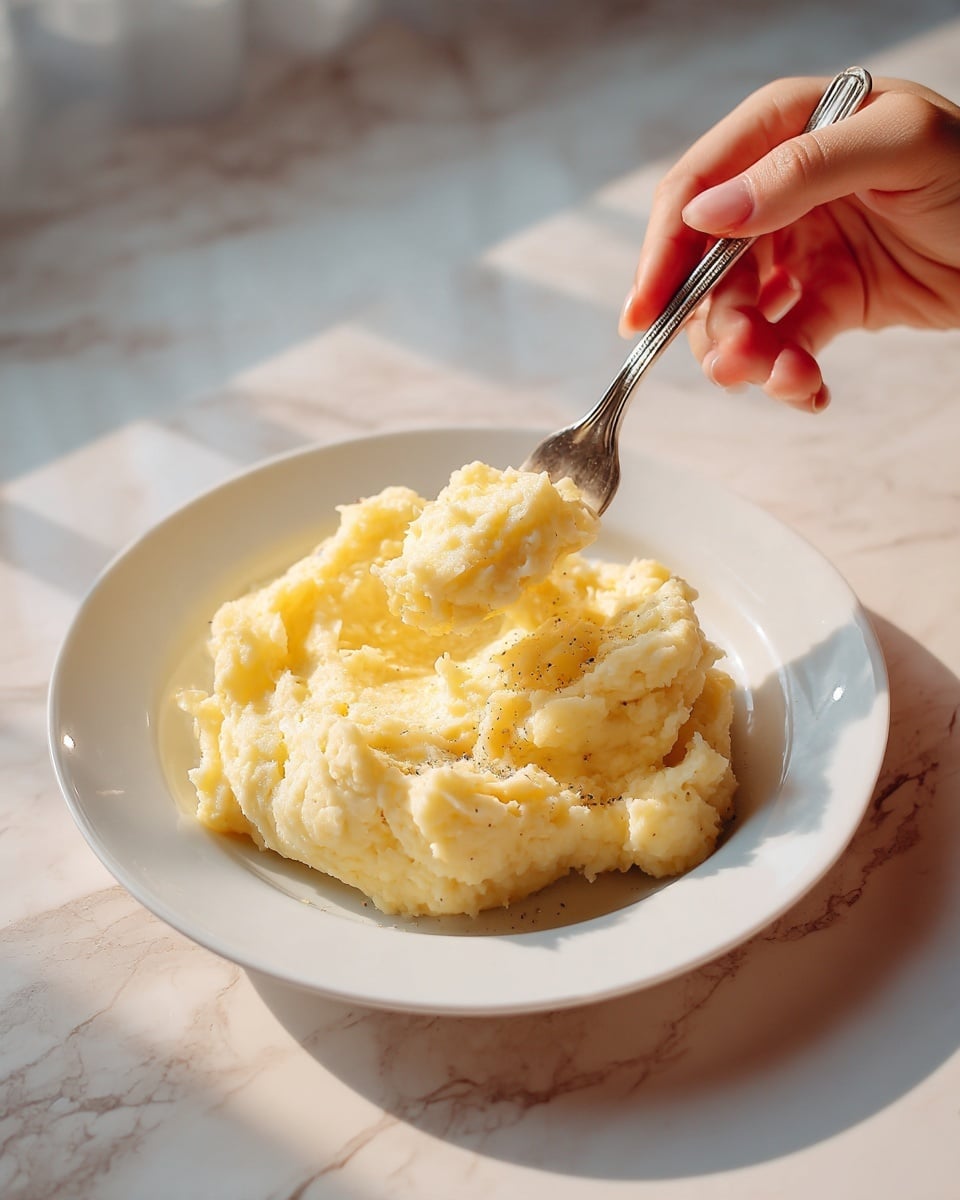 A white plate sits on a white marbled surface holding a serving of mashed potatoes, creamy and slightly lumpy with small bits visible. A silver fork is lifting some mashed potatoes, held by a woman's hand with only the fingers partly showing on the right side of the image. The lighting is warm and soft, highlighting the texture of the mashed potatoes. photo taken with an iphone --ar 4:5 --v 7