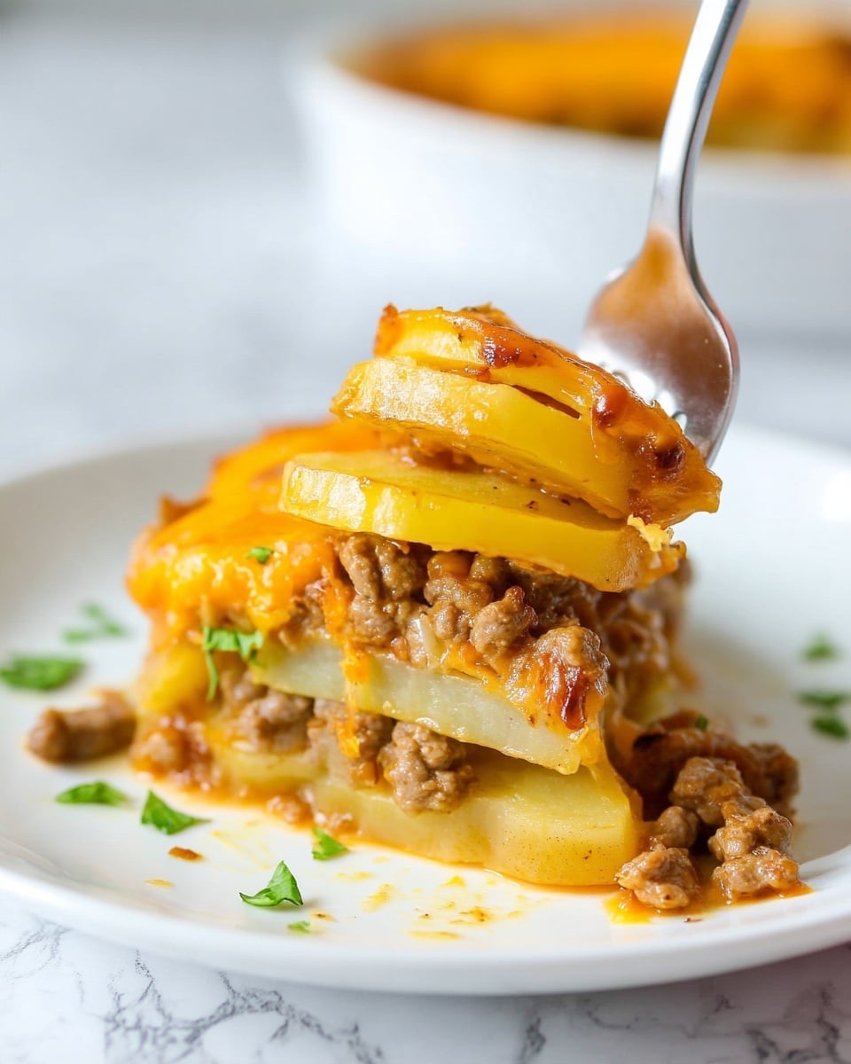 A close-up view of a layered dish on a white plate with a white marbled background shows three visible layers: the bottom layer is yellow cooked potato slices, the middle layer is brown cooked ground meat, and the top layer is melted orange cheese. A silver fork lifts a portion of the layers, highlighting the texture and mix of the ingredients. Small bits of green garnish are scattered around the plate edges. The food looks warm and slightly shiny from the melted cheese and juices. photo taken with an iphone --ar 4:5 --v 7