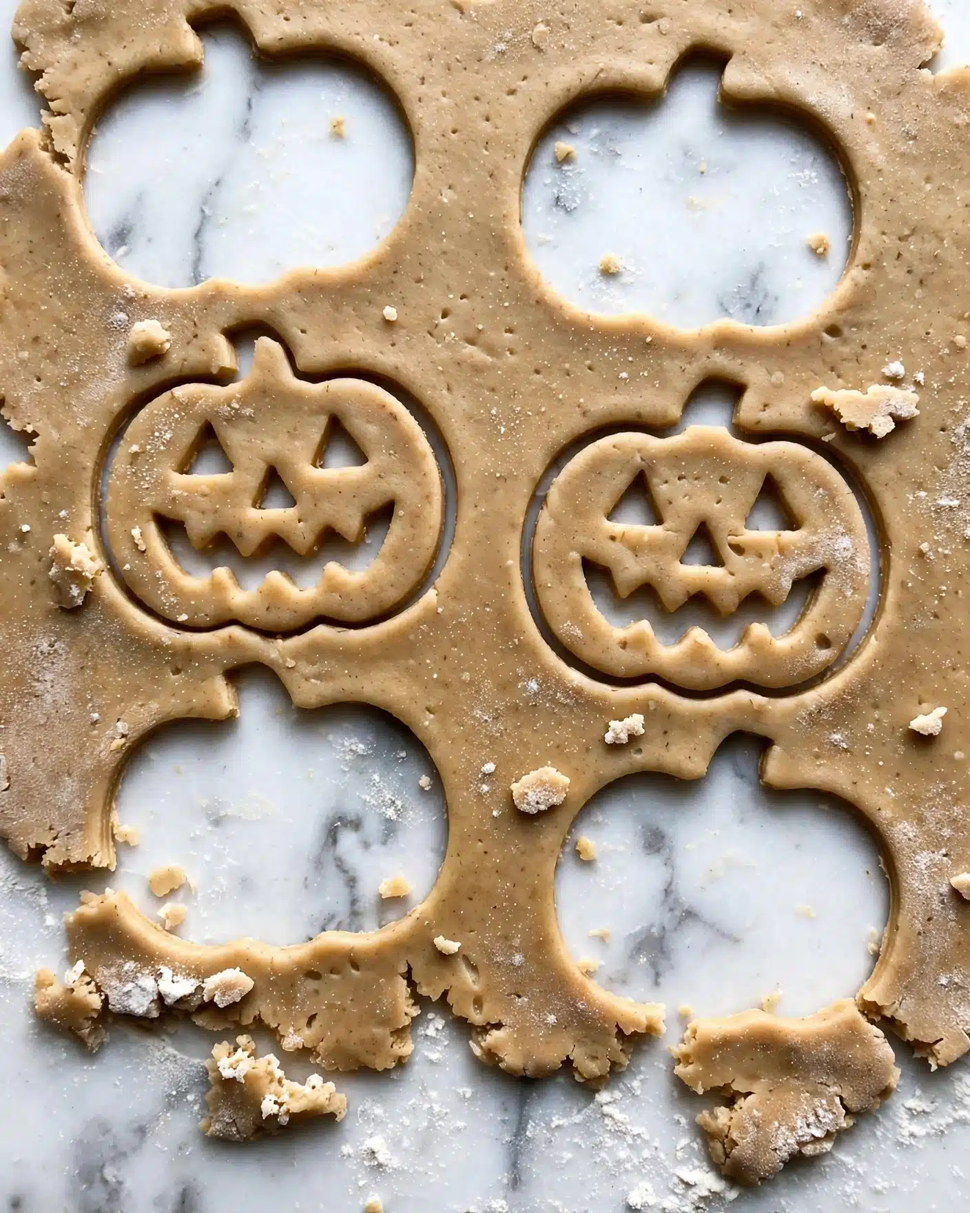 A close-up view of a thin layer of light brown dough rolled out flat on a white marbled surface, with several pumpkin-shaped cutouts. Among these shapes, two have carved out triangular eyes and nose with a jagged mouth, resembling jack-o'-lantern faces, while the others are plain pumpkin shapes without carvings. The edges of the dough are uneven where some shapes have been taken out. Small dustings of flour are visible on the dough and surface. Photo taken with an iphone --ar 4:5 --v 7