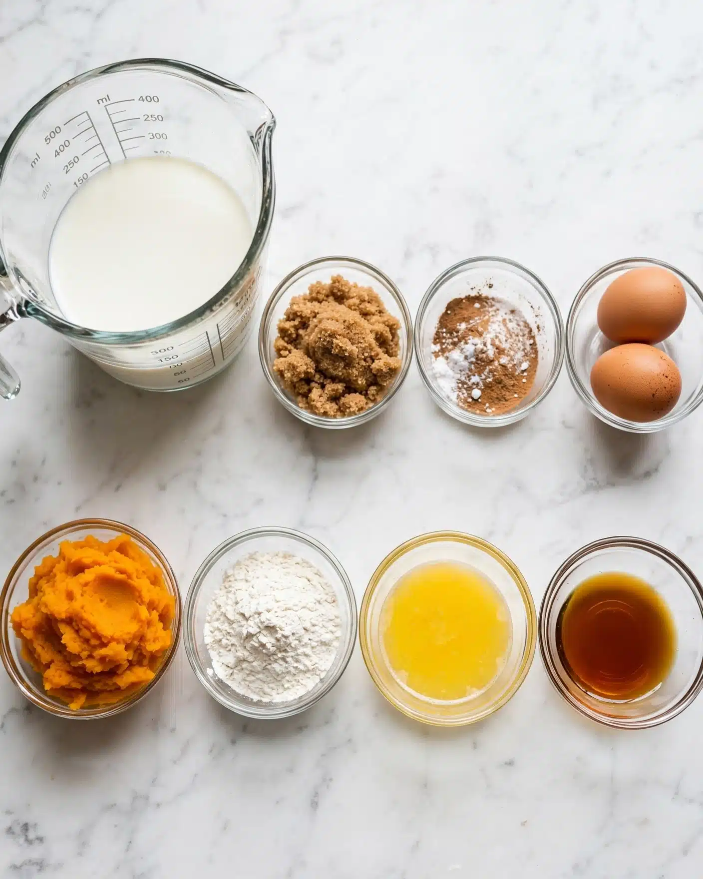 The image shows eight small clear glass bowls arranged on a white marbled surface, each containing a different baking ingredient. On the top left is a large glass measuring cup filled halfway with white milk. To its right are three smaller bowls: one with brown sugar, one with a mix of light brown cinnamon powder, white baking soda, and salt, and one holding two brown eggs. Below these, from left to right, are a bowl filled with bright orange mashed pumpkin, a bowl with white flour, a bowl of golden melted butter, and a bowl of amber vanilla extract. The ingredients are neatly spaced, showing a variety of colors and textures. Photo taken with an iphone --ar 4:5 --v 7