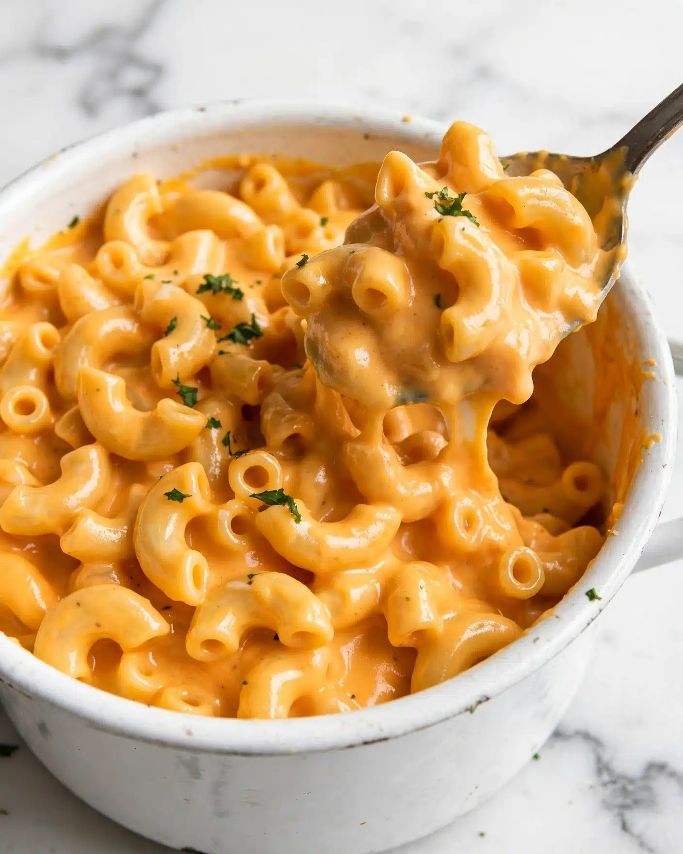 The image shows a close-up of a white pot filled with creamy macaroni and cheese. The pasta shells are coated in a thick, smooth orange cheese sauce that looks rich and shiny. There are small green herb pieces sprinkled on top for a touch of color. A spoon is scooping some of the cheesy pasta from the pot, showing the creamy texture that sticks to the pasta and the spoon. The background is a white marbled surface, giving a clean and bright look to the image. photo taken with an iphone --ar 4:5 --v 7