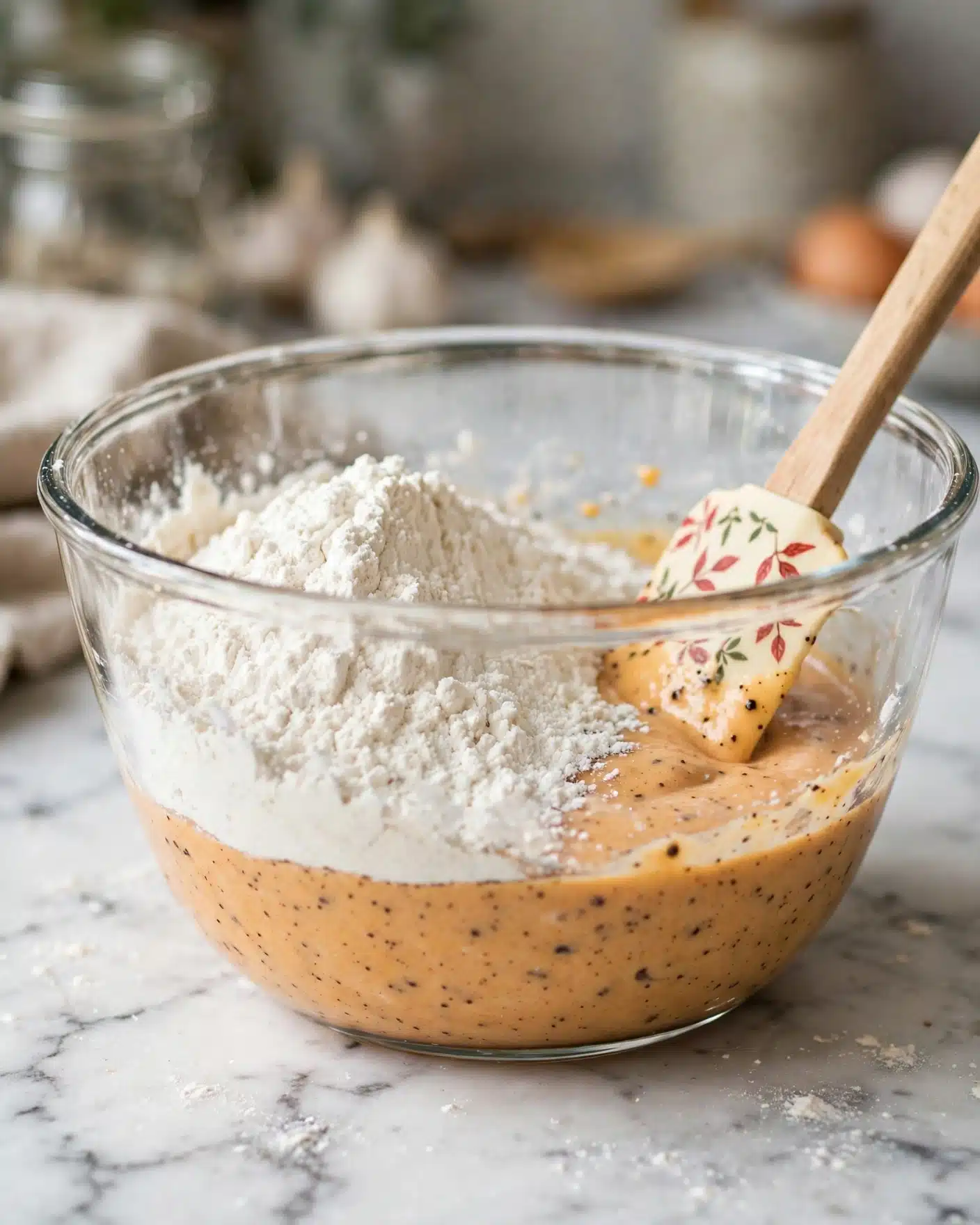 A clear glass mixing bowl shows two main layers inside: a light orange wet batter with small darker specks at the bottom and much of the top filled with a thick layer of white flour on one side. A wooden spatula with a cream-colored silicone head decorated with small red leaves is partially dipped into the mixture on the right side. The bowl is on a white marbled surface with some blurred kitchen items in the background. Photo taken with an iphone --ar 4:5 --v 7