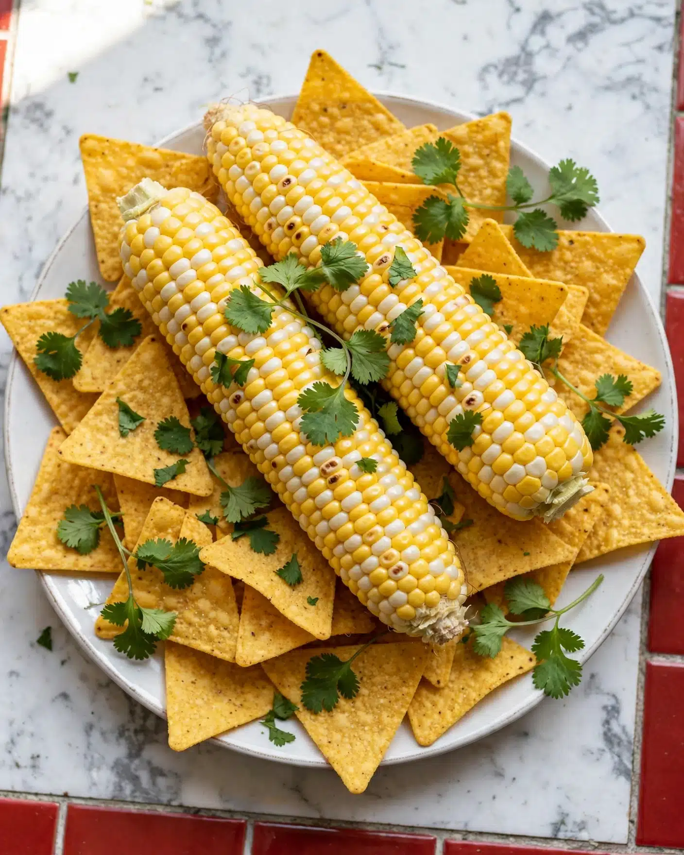Two full yellow and white corn cobs lay on top of a pile of triangular yellow tortilla chips in a white plate. Fresh bright green cilantro leaves are scattered generously over the corn and chips. The plate is placed on a white marbled textured surface with a few red square tiles visible in the edges. Photo taken with an iphone --ar 4:5 --v 7