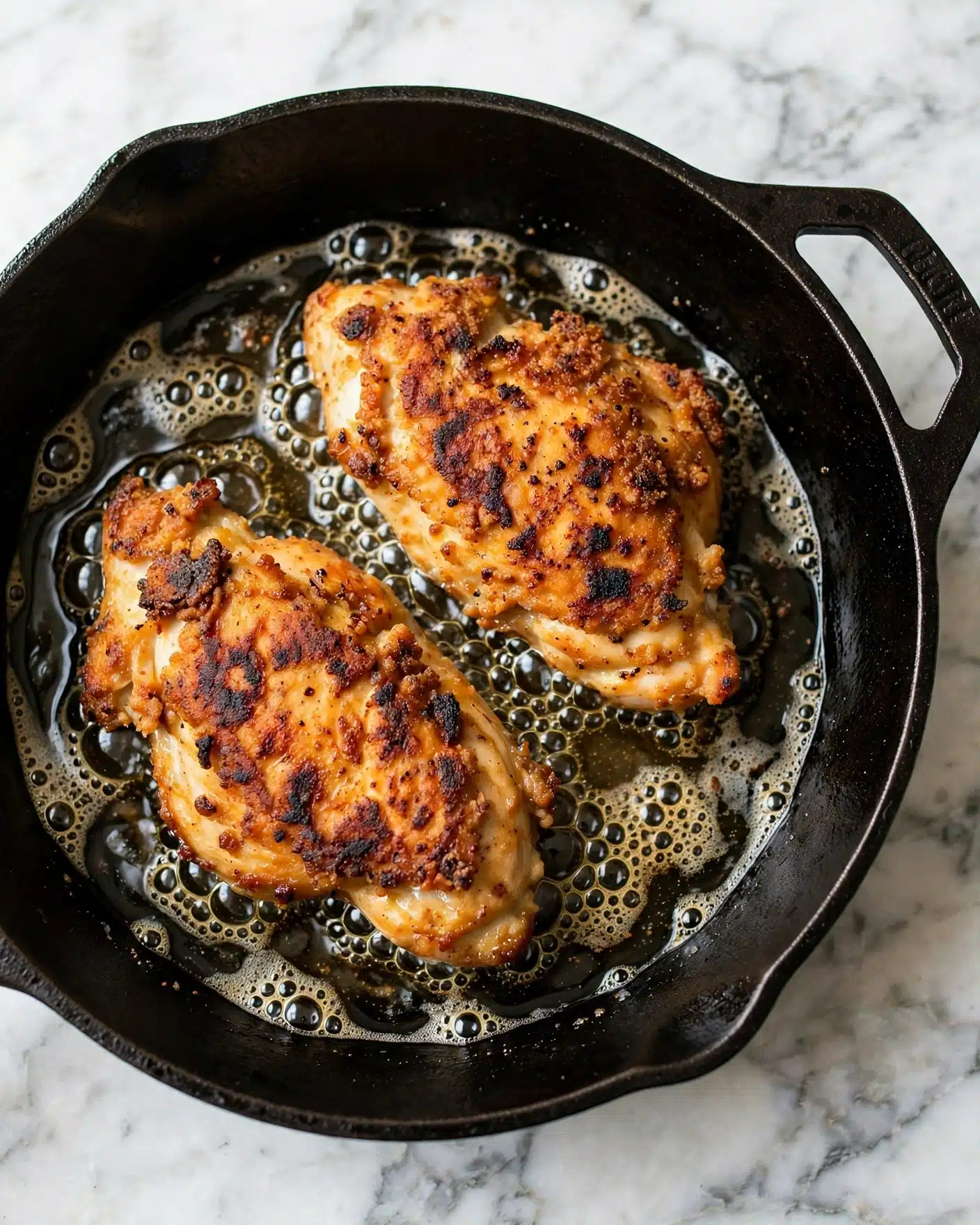 Jalapeño Cream Cheese Chicken Taquitos with Buffalo Sauce Recipe 4 Two golden brown chicken pieces are frying in a black cast iron pan. Each piece has a crispy, slightly rough textured surface with dark brown char spots. The oil glistens around the chicken, creating small shining bubbles. The chicken pieces are placed diagonally in the pan on a white marbled background, showing a rich and warm color contrast between the food and the cookware. photo taken with an iphone --ar 4:5 --v 7