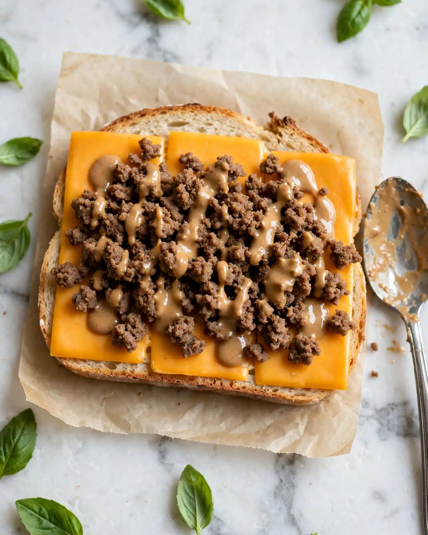 Pull Apart Cheeseburger Sliders Recipe 4 A slice of bread lies flat with three bright orange cheddar cheese slices covering it evenly, topped with a generous layer of cooked, crumbled brown ground meat. A light brown creamy sauce is drizzled unevenly over the meat, adding a shiny texture. The bread is placed on a piece of parchment paper on a white marbled surface. Fresh green basil leaves are scattered around the bread slice, and a silver spoon with sauce residue is placed to the right. The photo taken with an iphone --ar 4:5 --v 7