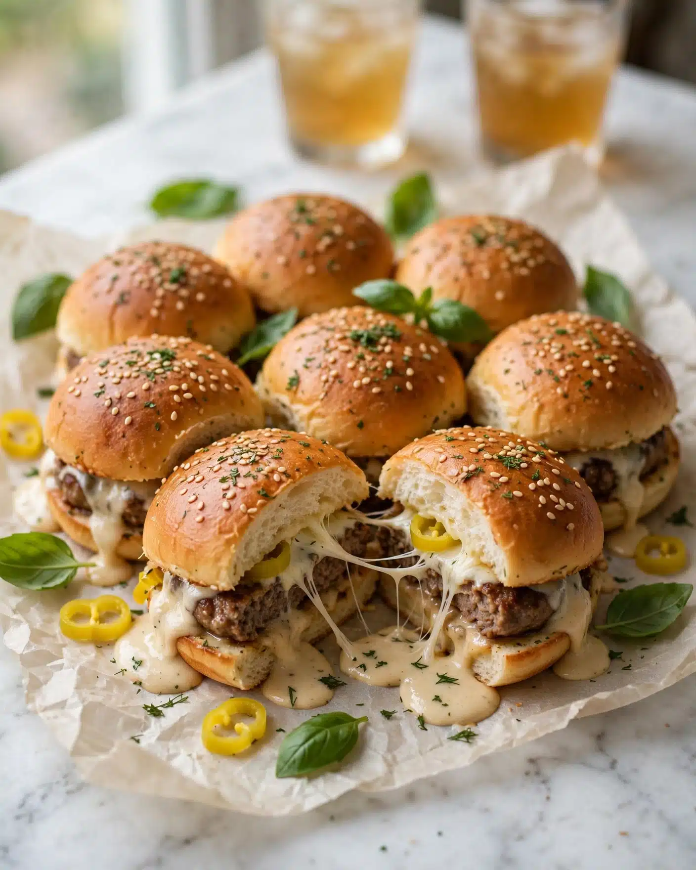 Pull Apart Cheeseburger Sliders Recipe 5 A cluster of nine soft golden brown sandwich buns with sesame seeds and green herbs sprinkled on top, arranged closely together on parchment paper over a white marbled surface. Each bun is slightly shiny with a smooth texture, and some are pulled apart revealing melted white cheese stretching between layers. Inside the buns, there are browned cooked meat patties, creamy light beige sauce dripping and pooling around, and scattered yellow slices of pickled peppers. Fresh green basil leaves sit on top and around the buns for decoration. In the background, two clear glasses filled with a light amber drink are partially visible. photo taken with an iphone --ar 4:5 --v 7