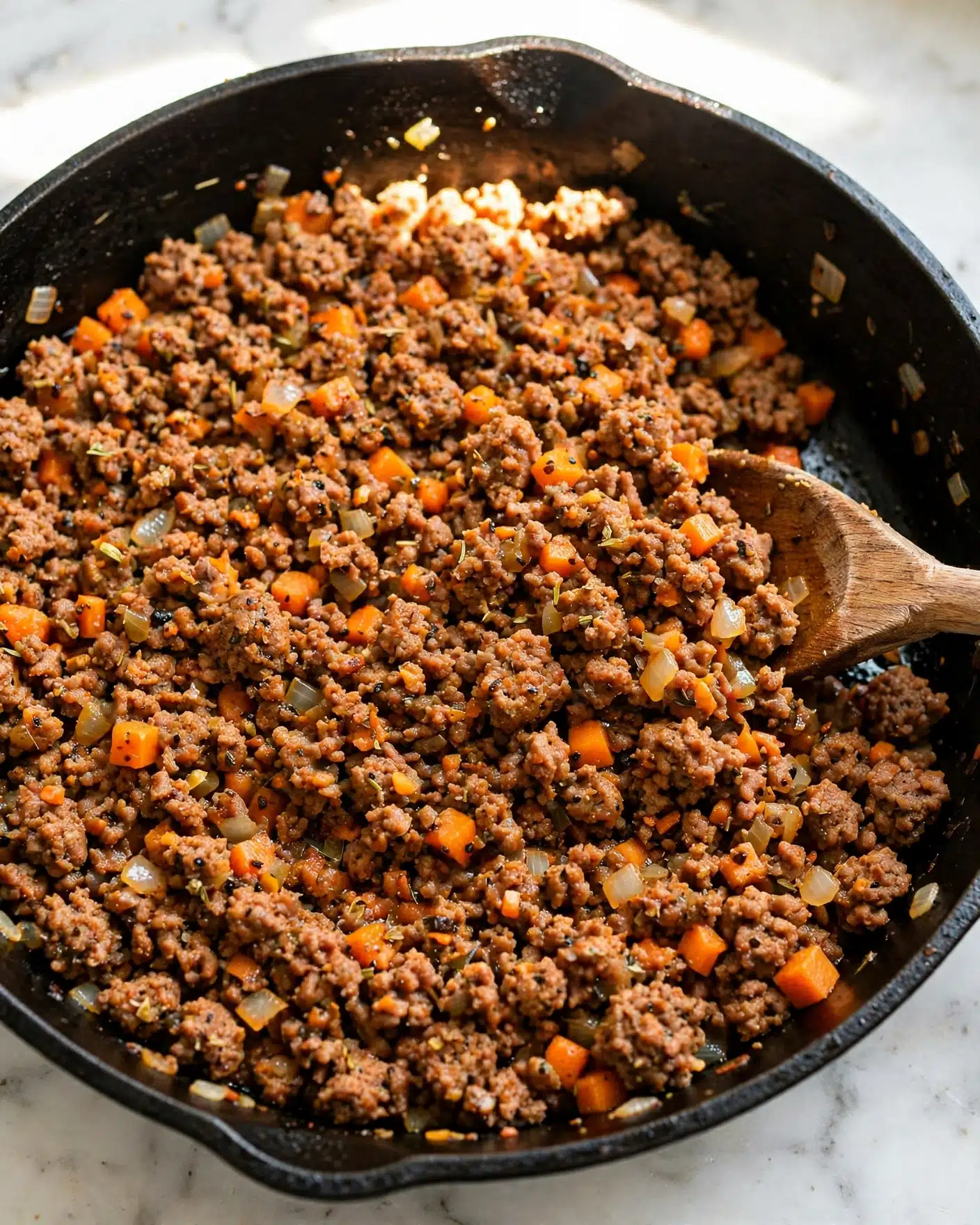 A close-up view of a black cast iron pan filled with cooked ground meat and small orange cubes of vegetables mixed with finely chopped onions. The mixture looks well-spiced with a reddish-brown color, and a wooden spoon is partially visible on the right side, resting inside the pan and stirring the contents. The pan is placed on a white marbled surface, with some natural light hitting the top edge of the pan. The texture of the meat is crumbly, while the vegetable cubes are soft but hold their shape well. photo taken with an iphone --ar 4:5 --v 7