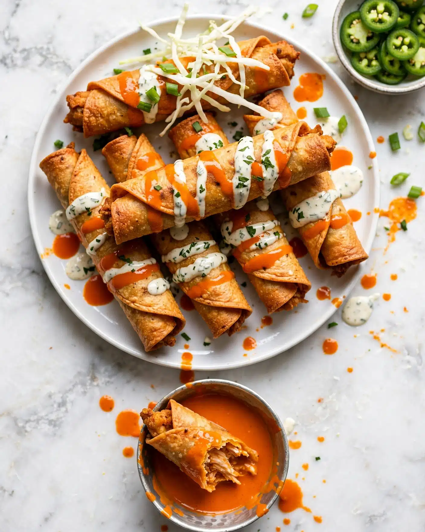 Jalapeño Cream Cheese Chicken Taquitos with Buffalo Sauce Recipe 5 This image shows a white plate filled with seven golden brown rolled tacos stacked at different angles. Each taco is topped with drizzles of bright orange sauce and white creamy sauce with green herbs. One taco on top is garnished with thin white cabbage strips and chopped fresh green onions. A small bowl of sliced green jalapenos sits on the plate's edge. Below the plate on a white marbled surface is a small silver bowl filled with the same orange sauce, holding a half-eaten taco coated in sauce. The scene has slight spills of both sauces around the plates. Photo taken with an iphone --ar 4:5 --v 7