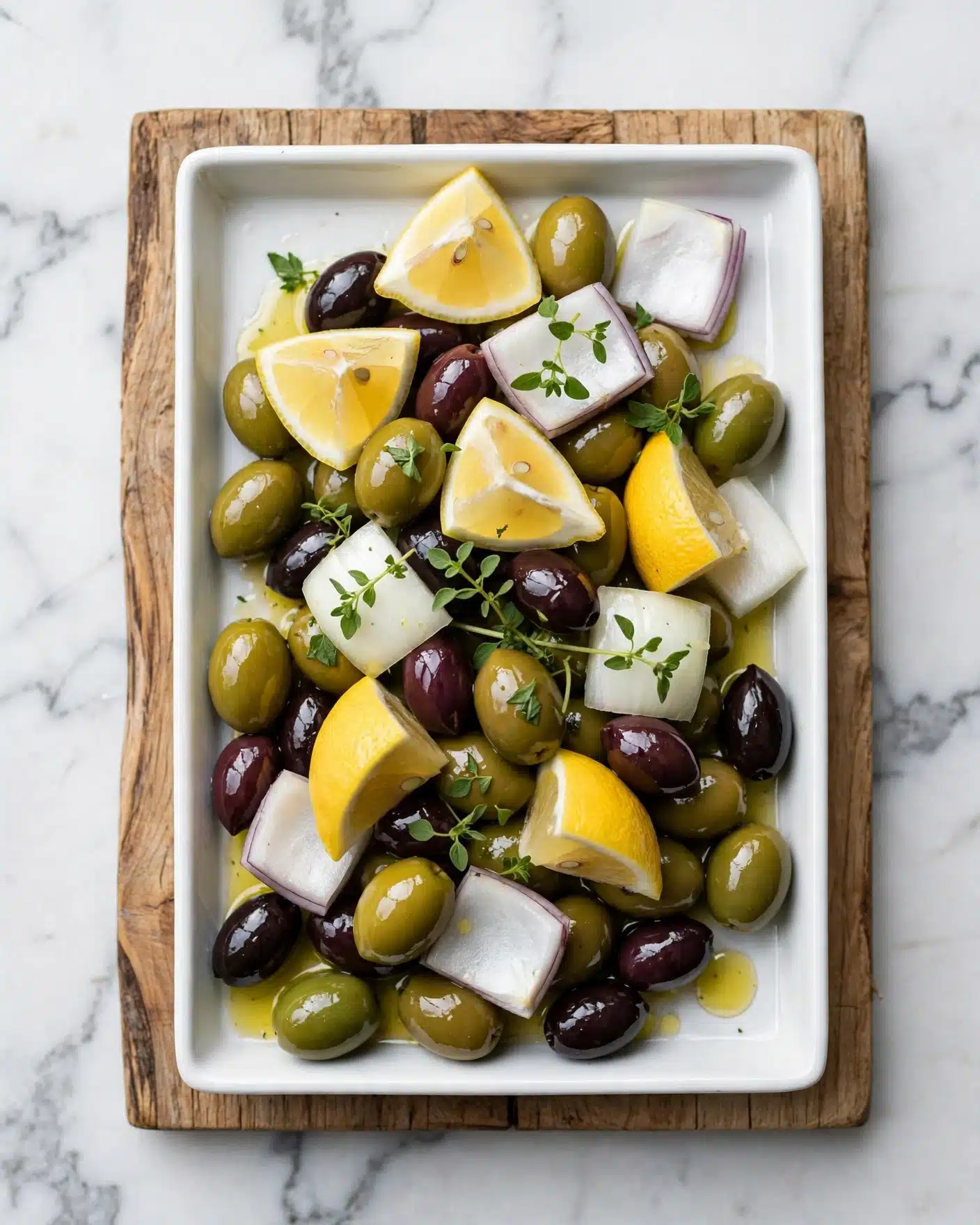 Honey Whipped Feta with Garlic Herb Roasted Olives Recipe 4 A white rectangular dish holds a mix of green and dark purple olives as the bottom layer, covered with scattered lemon wedges showing bright yellow skin and pale yellow flesh. There are also large chunks of white onion with a slight purple tint, small green herbs with delicate leaves, and a drizzle of golden olive oil pooling at the bottom. The olives have a smooth, shiny texture, while the herbs add a fresh, leafy look on top. The dish is placed on a wooden surface, but the background should be a white marbled texture. photo taken with an iphone --ar 4:5 --v 7