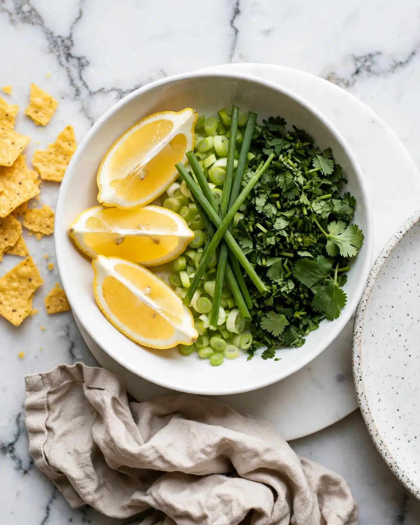 A white round bowl holds three main layers closely packed together: on the left side, three bright yellow lemon wedges with white lemon rind are neatly placed; next to the lemons is a layer of light green sliced scallions with some long green scallion pieces on top; the right side of the bowl is filled with a layer of chopped dark green fresh cilantro leaves with mixed textures from finely chopped to whole leaves. The bowl sits on a white round plate, all placed on a white marbled surface. Around the bowl, there are some broken yellow tortilla chips on the left and a beige cloth napkin crumpled on the bottom side. To the right of the bowl, a white plate with a speckled rim edges into the frame. Photo taken with an iphone --ar 4:5 --v 7