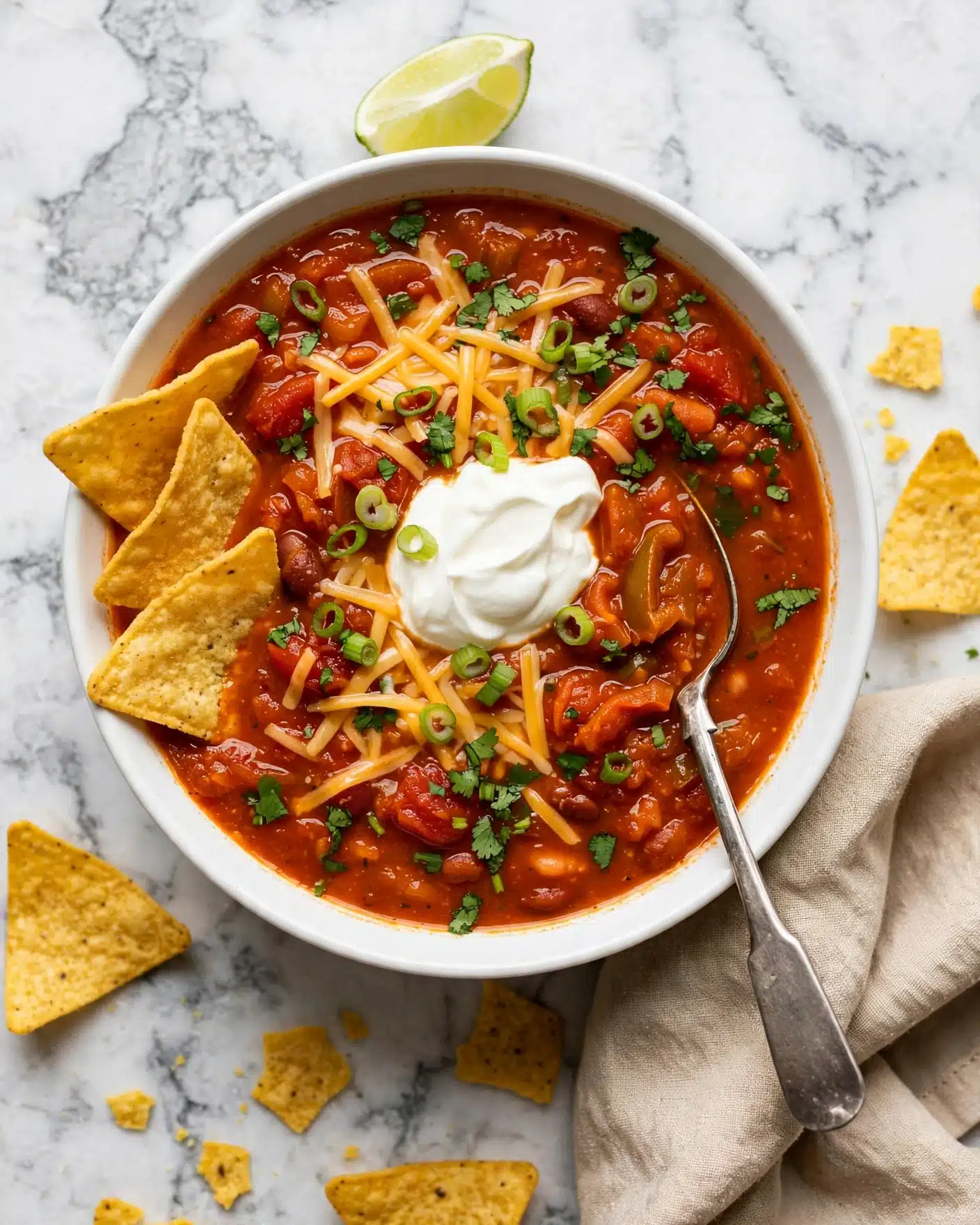 A white bowl filled with rich, red-orange soup with a thick texture and visible chunks, topped with shredded yellow cheese, thinly sliced green onions, fresh chopped green herbs, and creamy white dollop of sour cream near the center. On one side of the bowl, there are three yellow, crispy tortilla chips partly dipped into the soup. A rustic silver spoon rests inside the bowl, with its handle leaning on a beige cloth napkin beneath the bowl. The bowl is placed on a white marbled textured surface with more tortilla chips sprinkled around and a small wedge of lime on the top edge of the bowl. Photo taken with an iphone --ar 4:5 --v 7